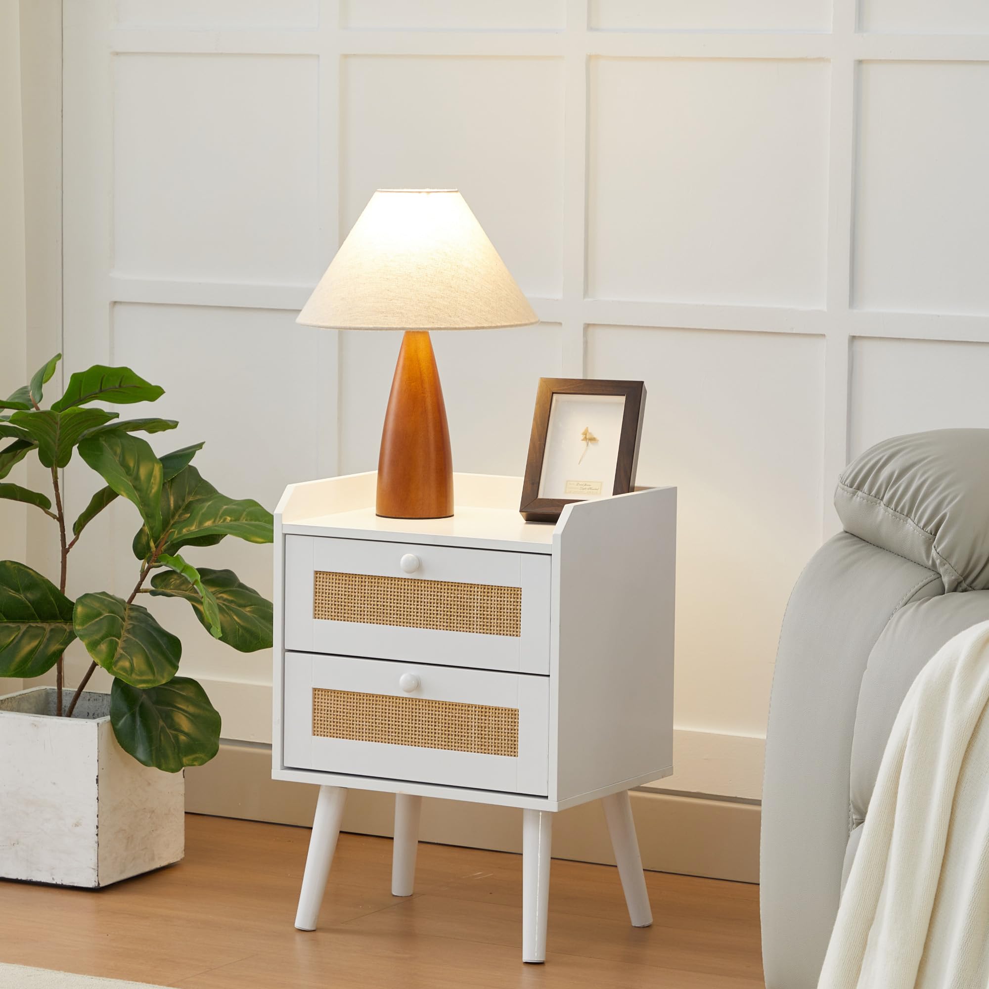 Rattan Nightstands Set of 2 Night Stand Boho Wood Bedside Table
