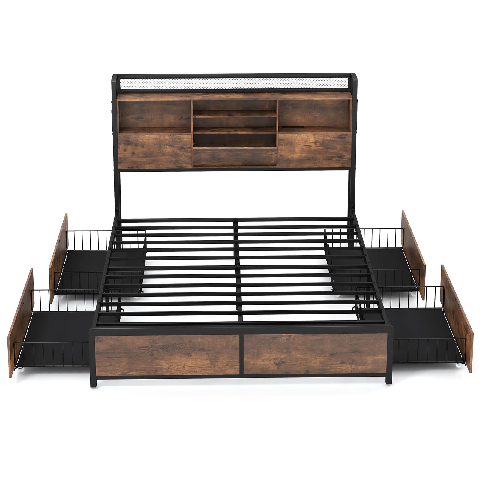 Queen Bed Frame with 4 Storage Drawers and Bookcase Headboard, Industrial Bed Frame