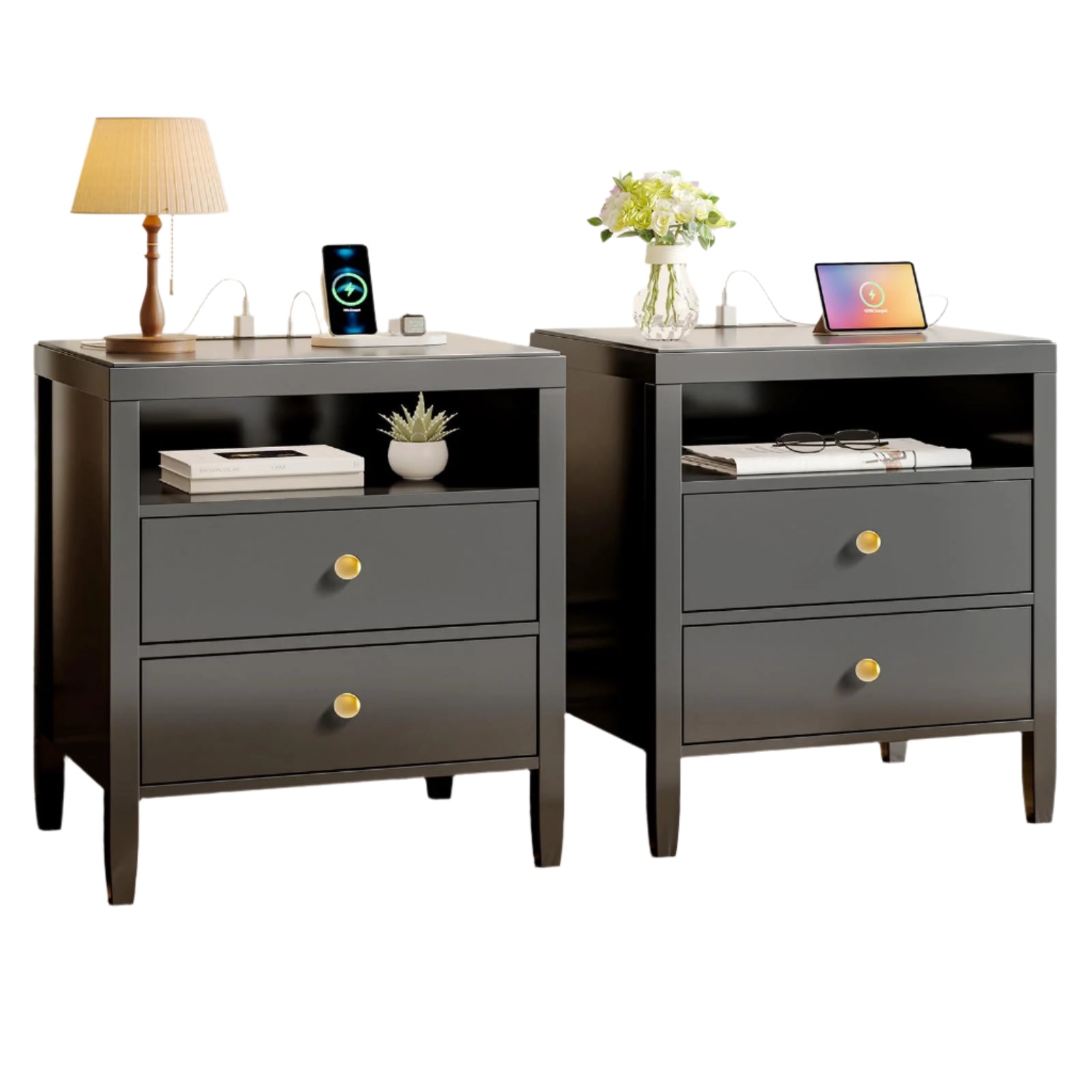 Black Nightstand Set of 2, Night Stand with Charger Station, Bedside Table with 2 Drawers