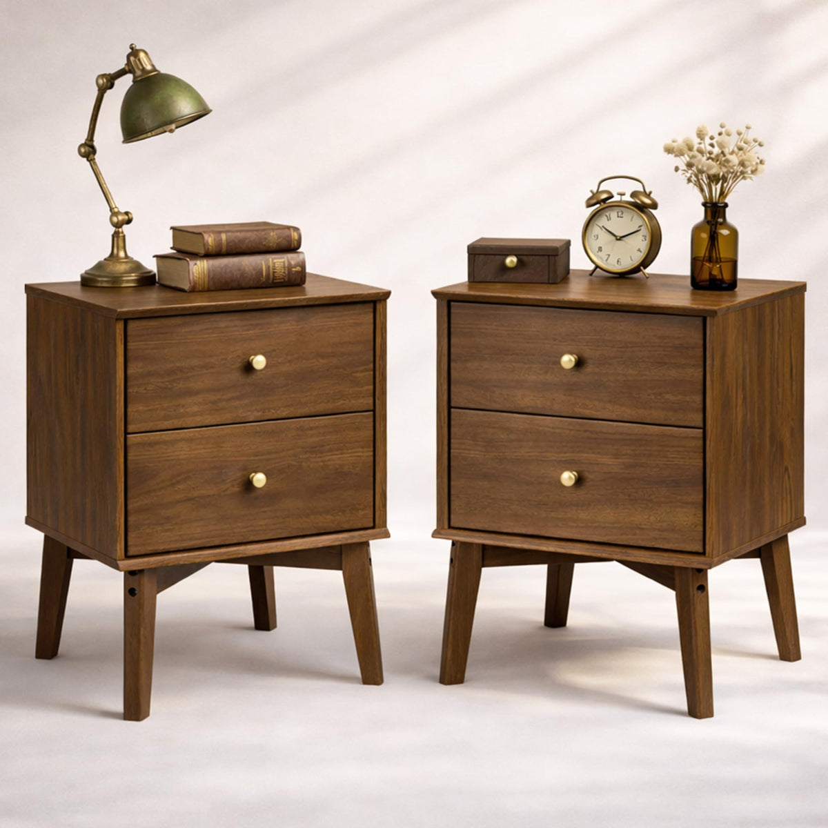Mid-Century Modern Nightstand with 2 Drawers & Wood Legs