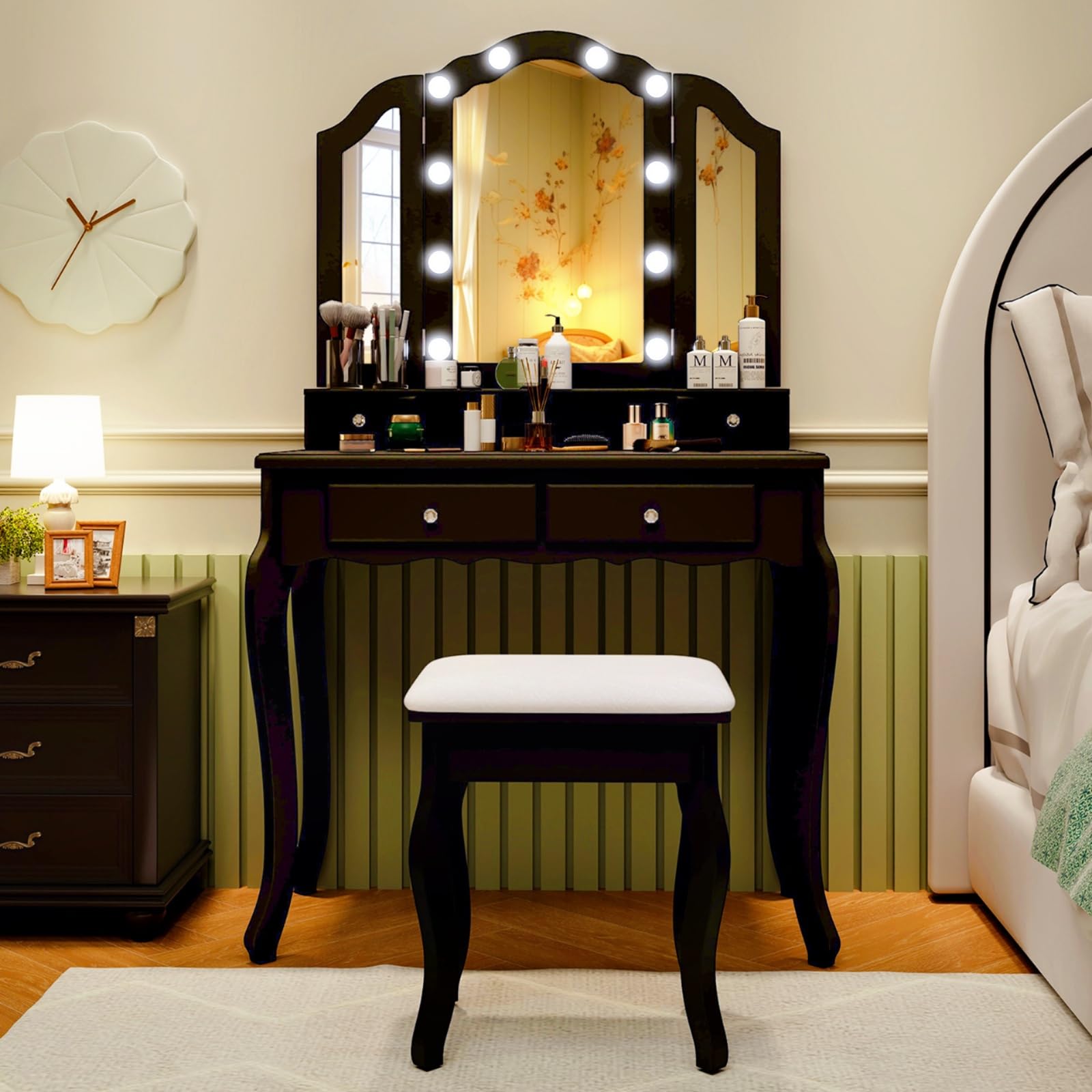Vanity Desk with Lights - Makeup Vanity Table with Tri-Fold Mirror