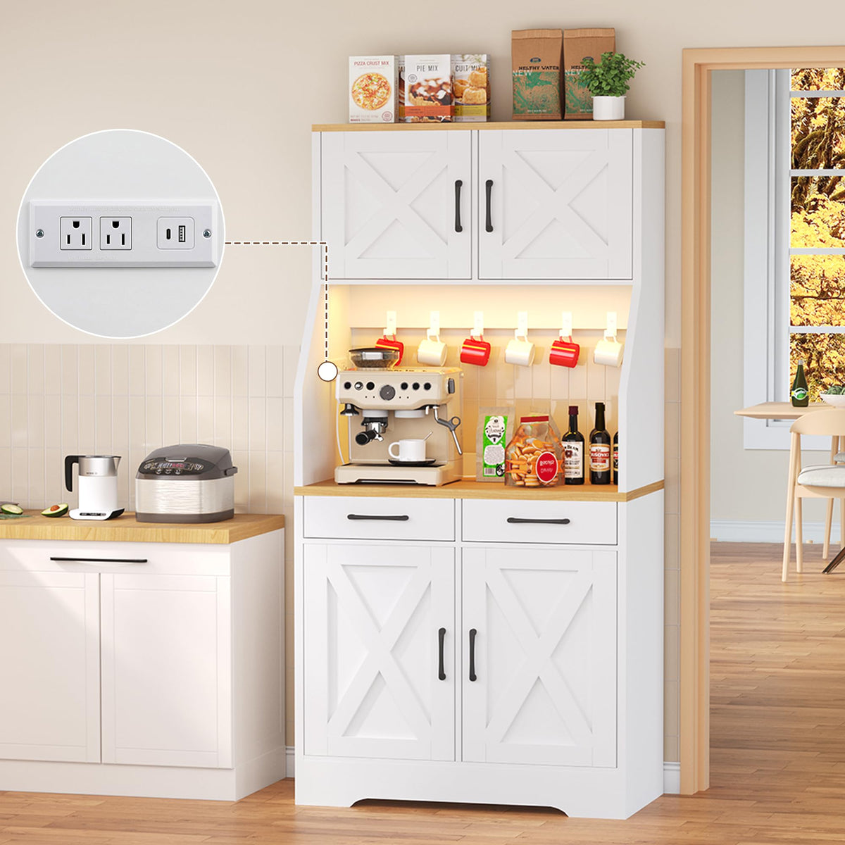Tall Kitchen Pantry Cabinet with Charging Station & LED Light
