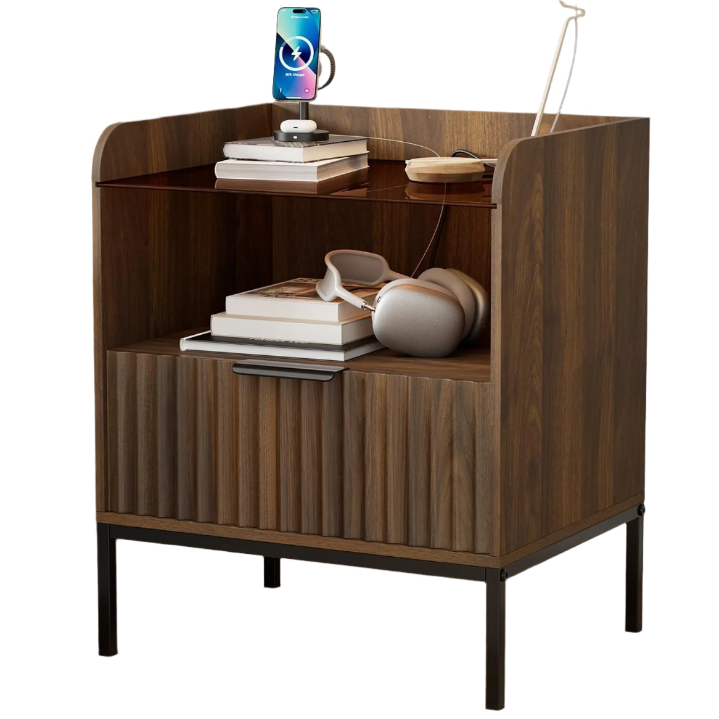 Mid Century Modern Nightstand with Charging Station, Fluted Night Stand