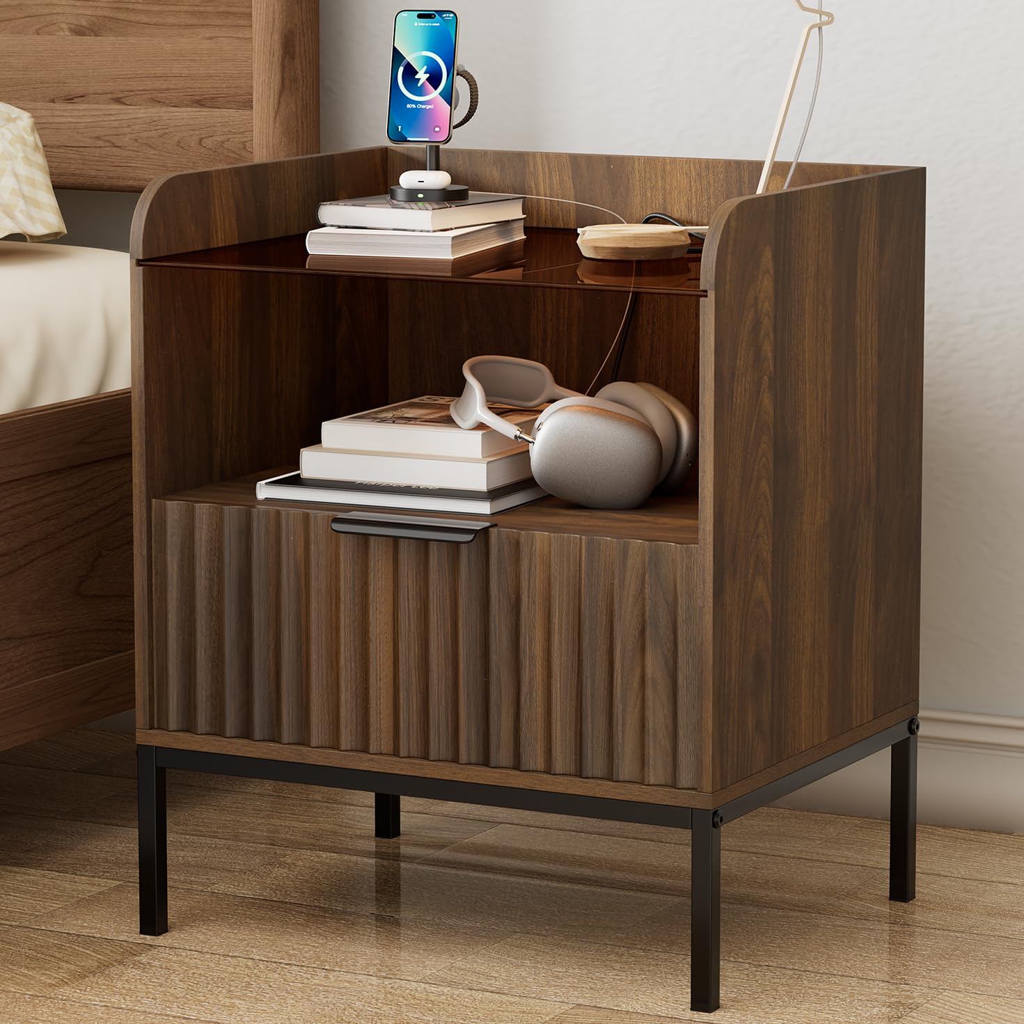 Mid Century Modern Nightstand with Charging Station, Fluted Night Stand