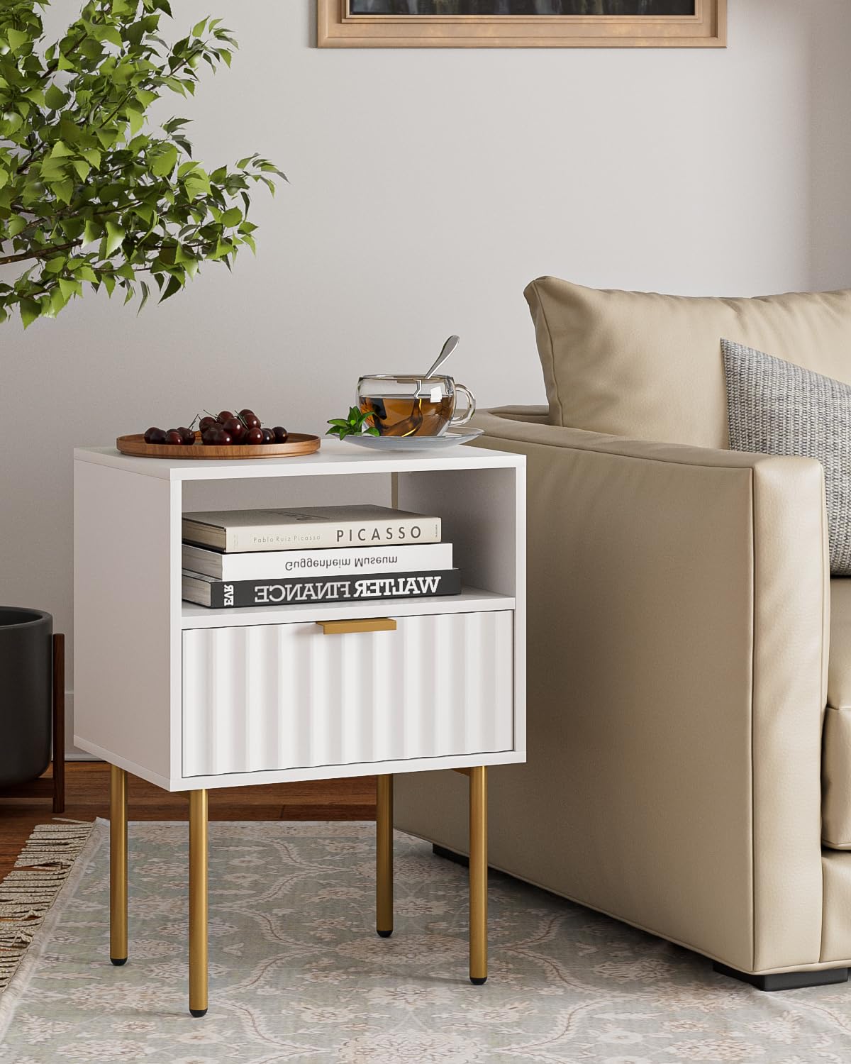 Nightstand,Modern Bedside Table with Gold Frame