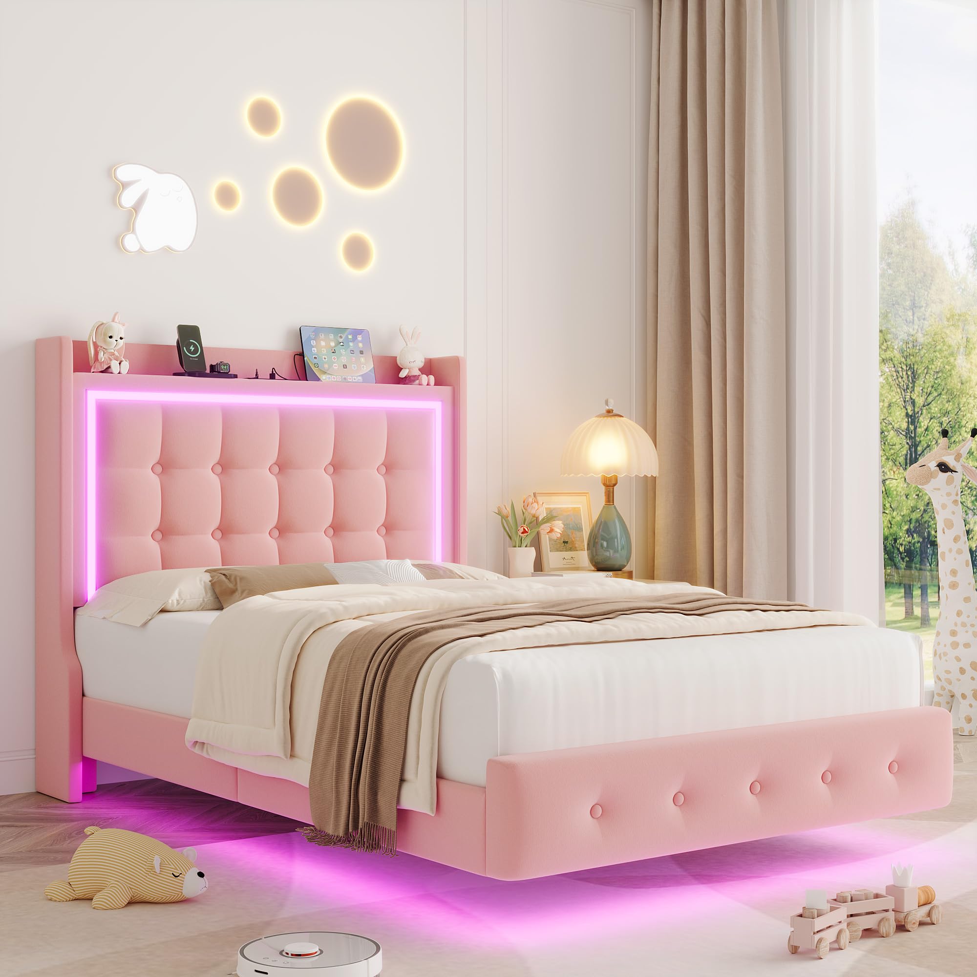 Upholstered Twin Floating Bed Frame with RGB LED Lights and Charging Station