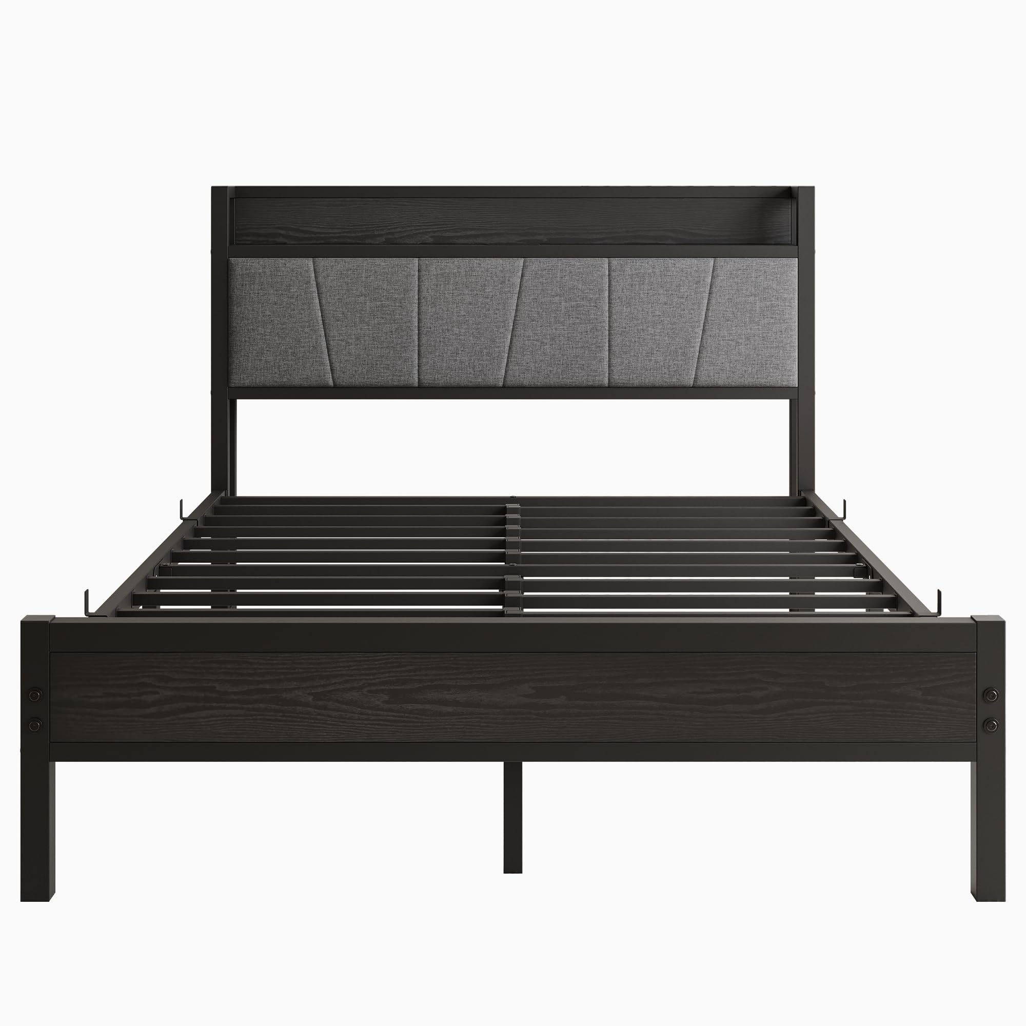 Black Full Size Bed Frame with Storage Headboard,Metal Upholstered Platform