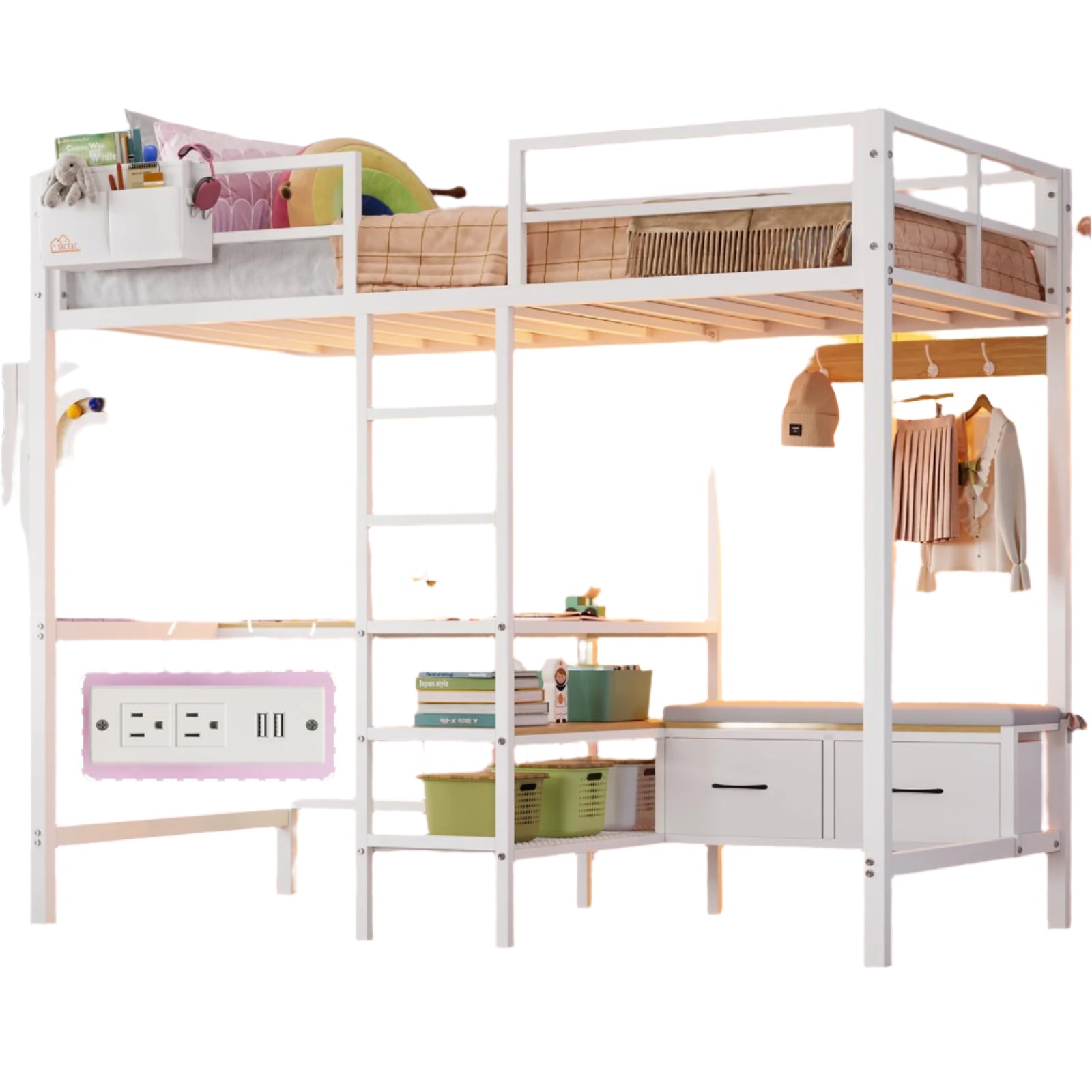 Loft Bed with L-Shaped Desk and Charging Station Twin Size