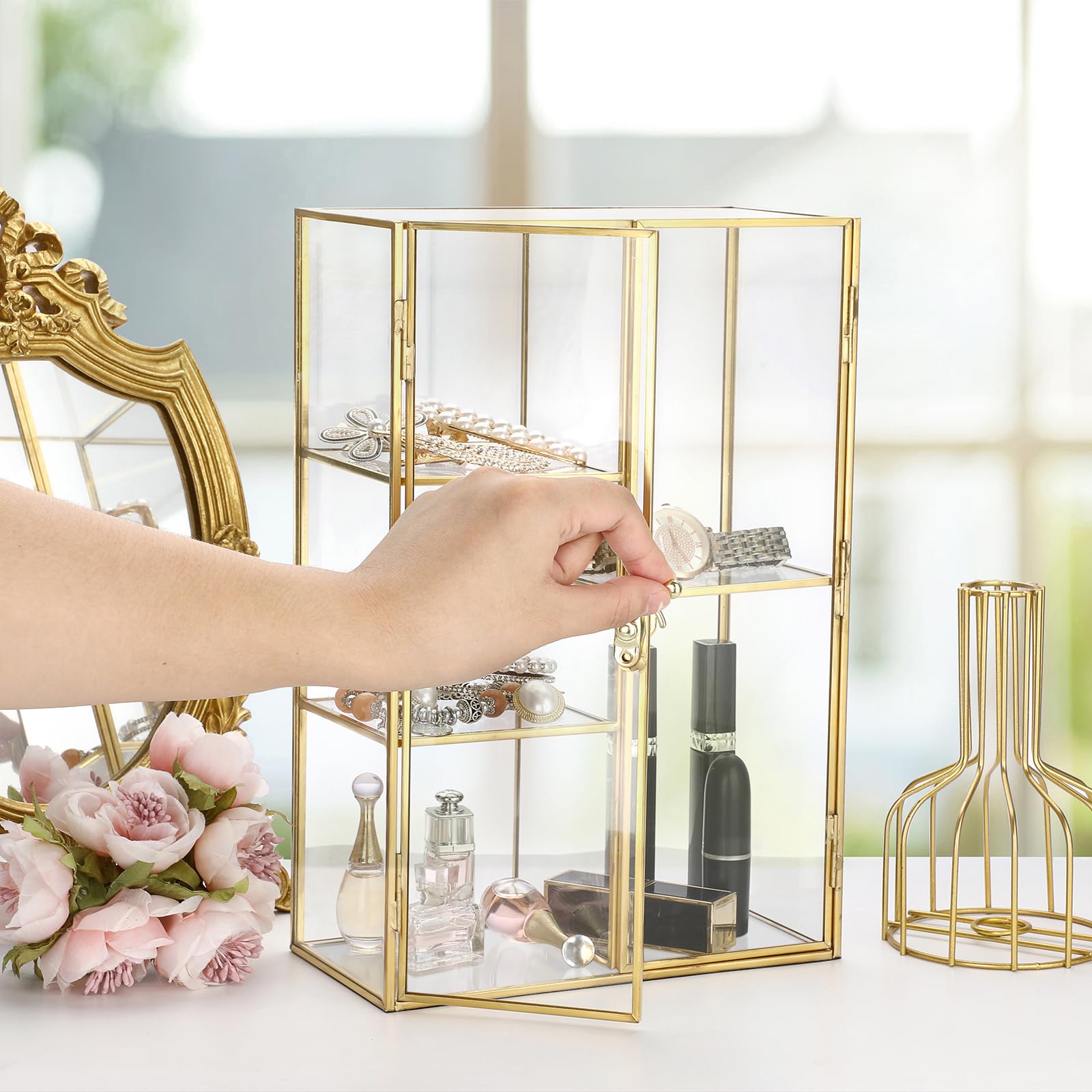 3-Tier Glass Display Box with Gold Metal Frame