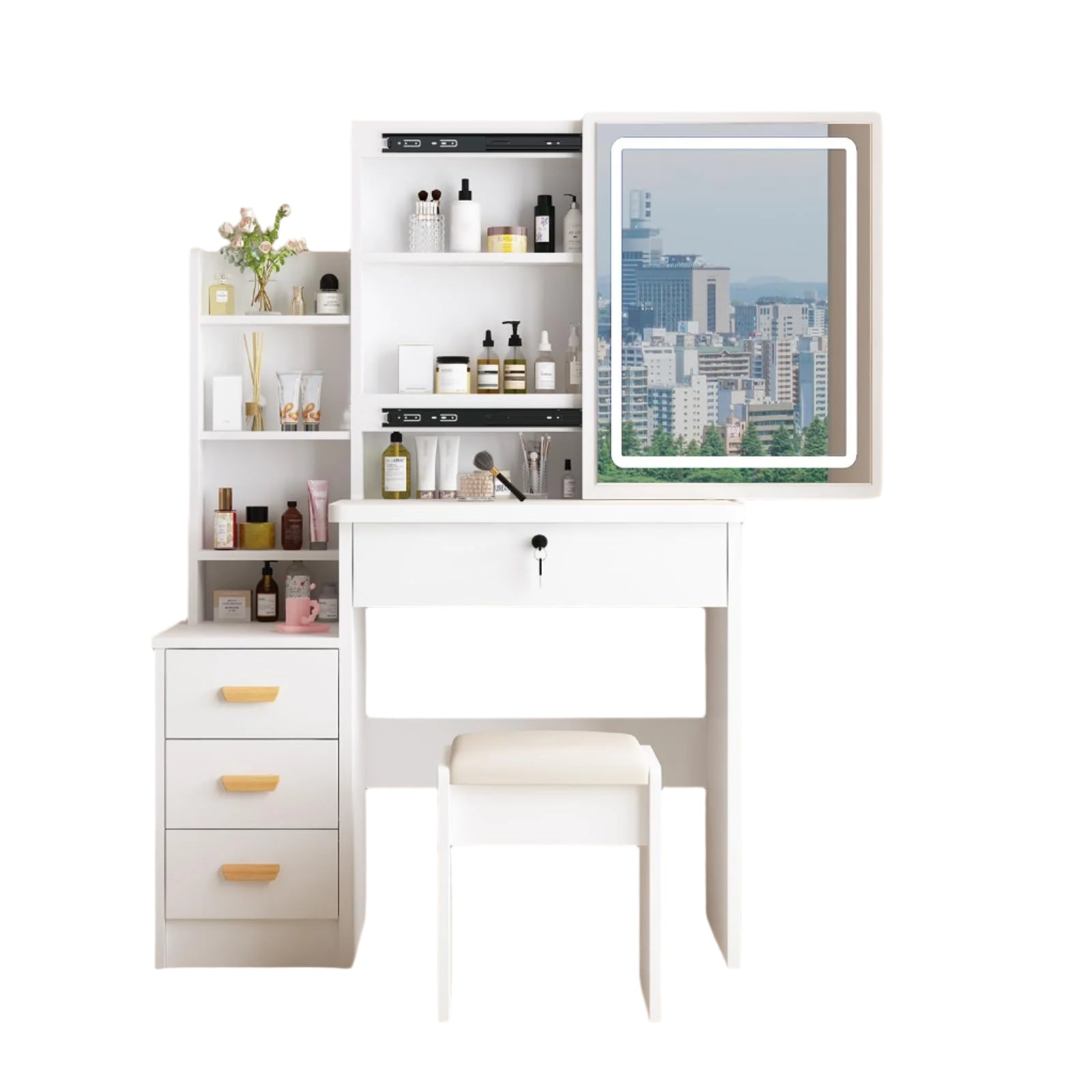 Vanity Desk with Mirror and Lights, 3 Lighting Modes, European Style