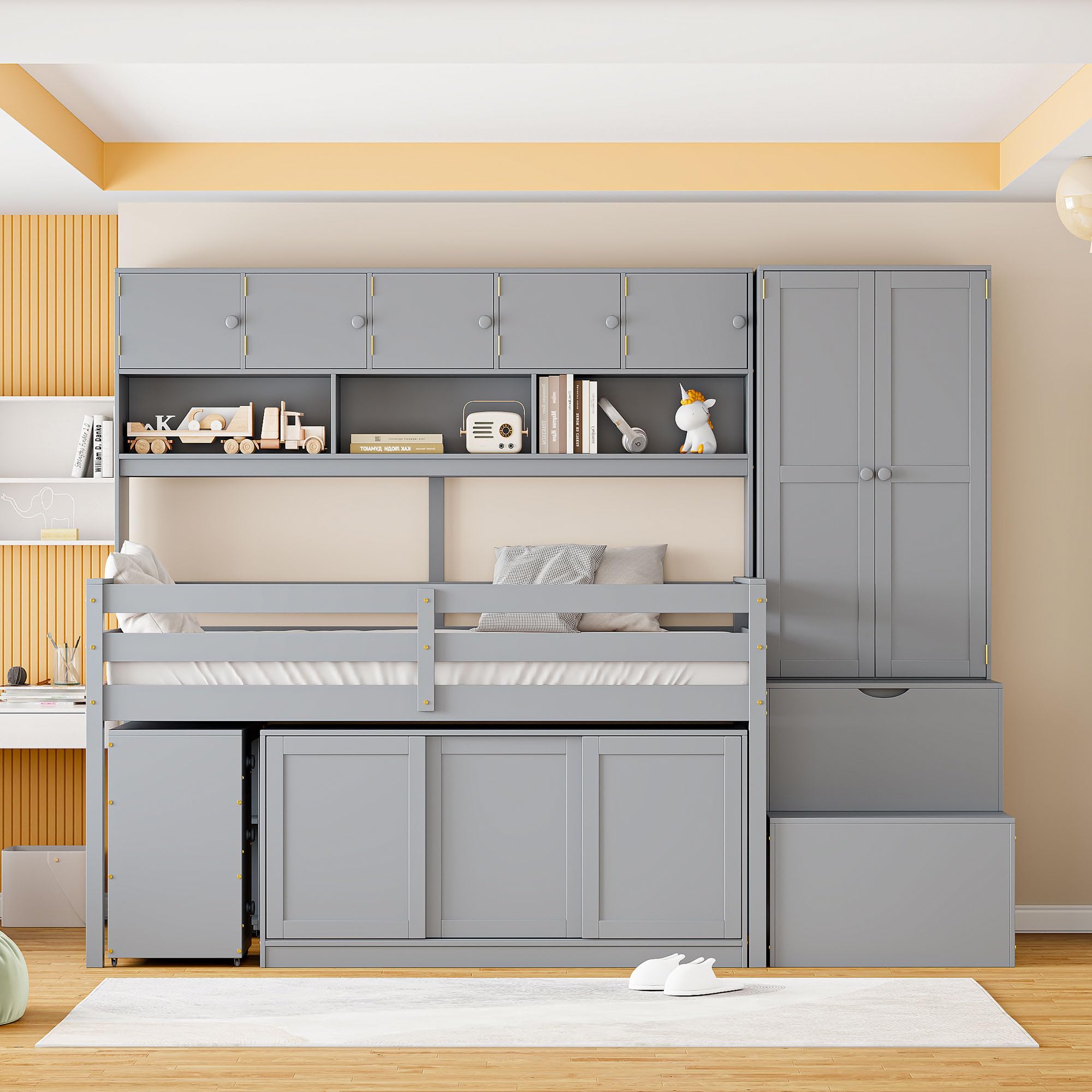 Wooden Loft Bed Big Storage with Under-Bed Desk