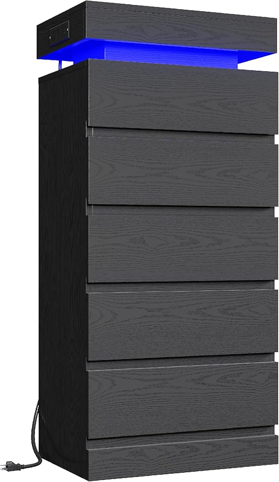 54" Tall 5 Drawer Dresser for Bedroom, Black Dresser with LED Light and Power Outlet