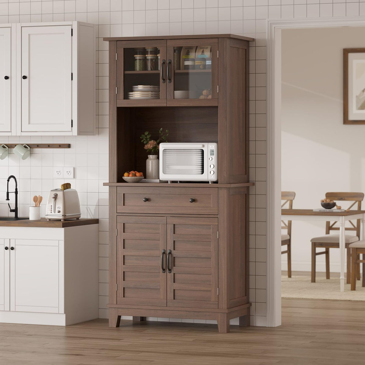 72" Farmhouse Kitchen Pantry Cabinet with Hutch