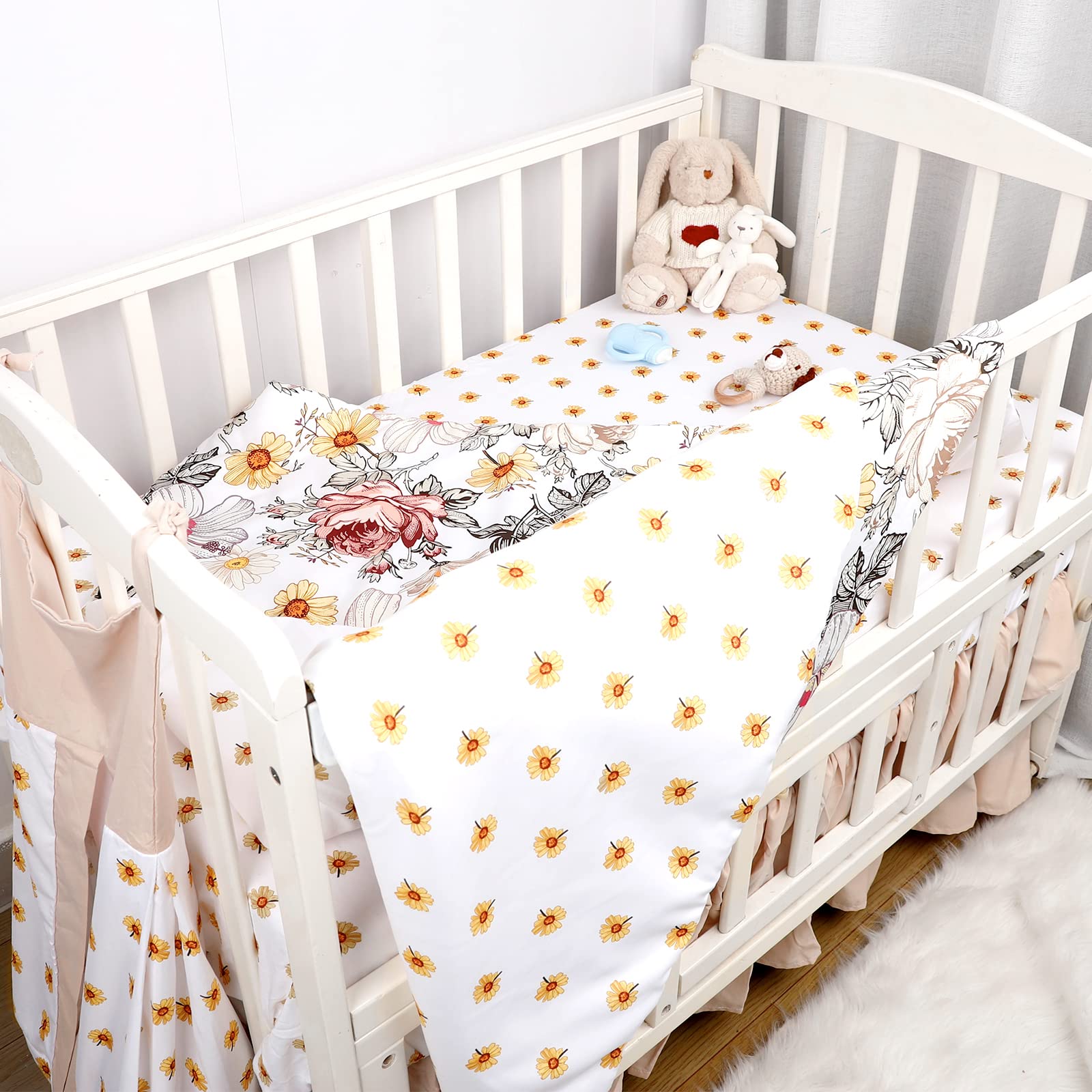 HNHUAMING 4-Piece Crib Bedding Set for Girls, Boho Baby Girl Bedding Set with Crib Skirt, Baby Quilt, Crib Sheet and Diaper Stacker, Flower
