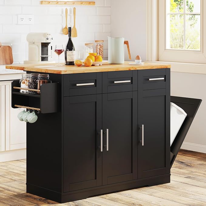 Rolling Kitchen Island with Power Outlet, Spice Rack & Drawer