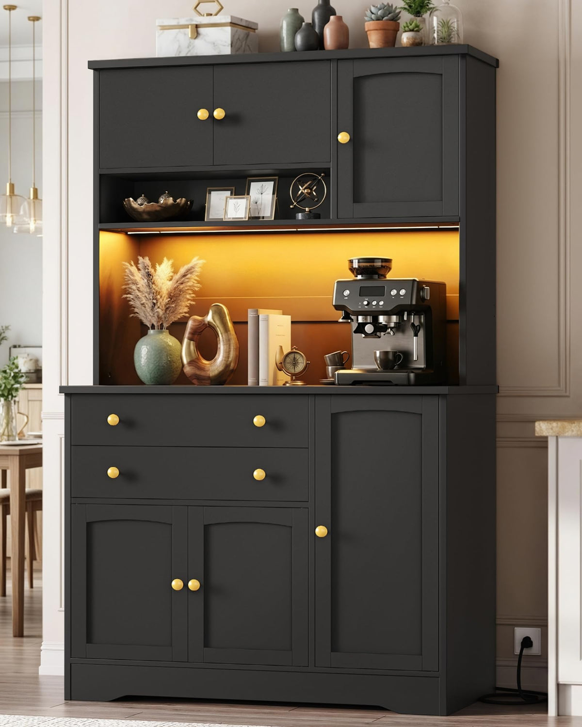 69" Tall Pantry Cabinet with LED Light, Charging Station & Gold Handles