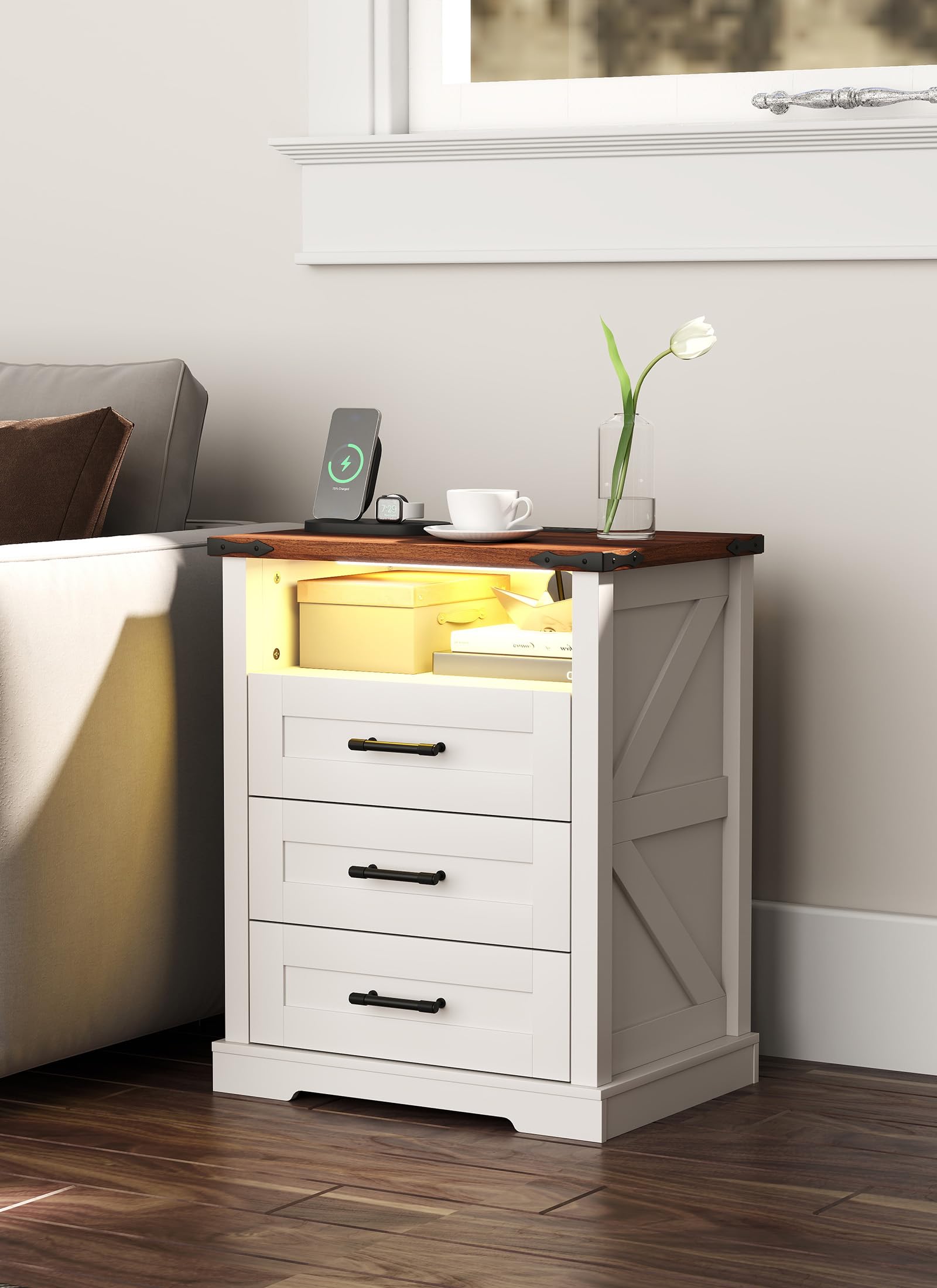 Farmhouse Nightstand with Charging Station