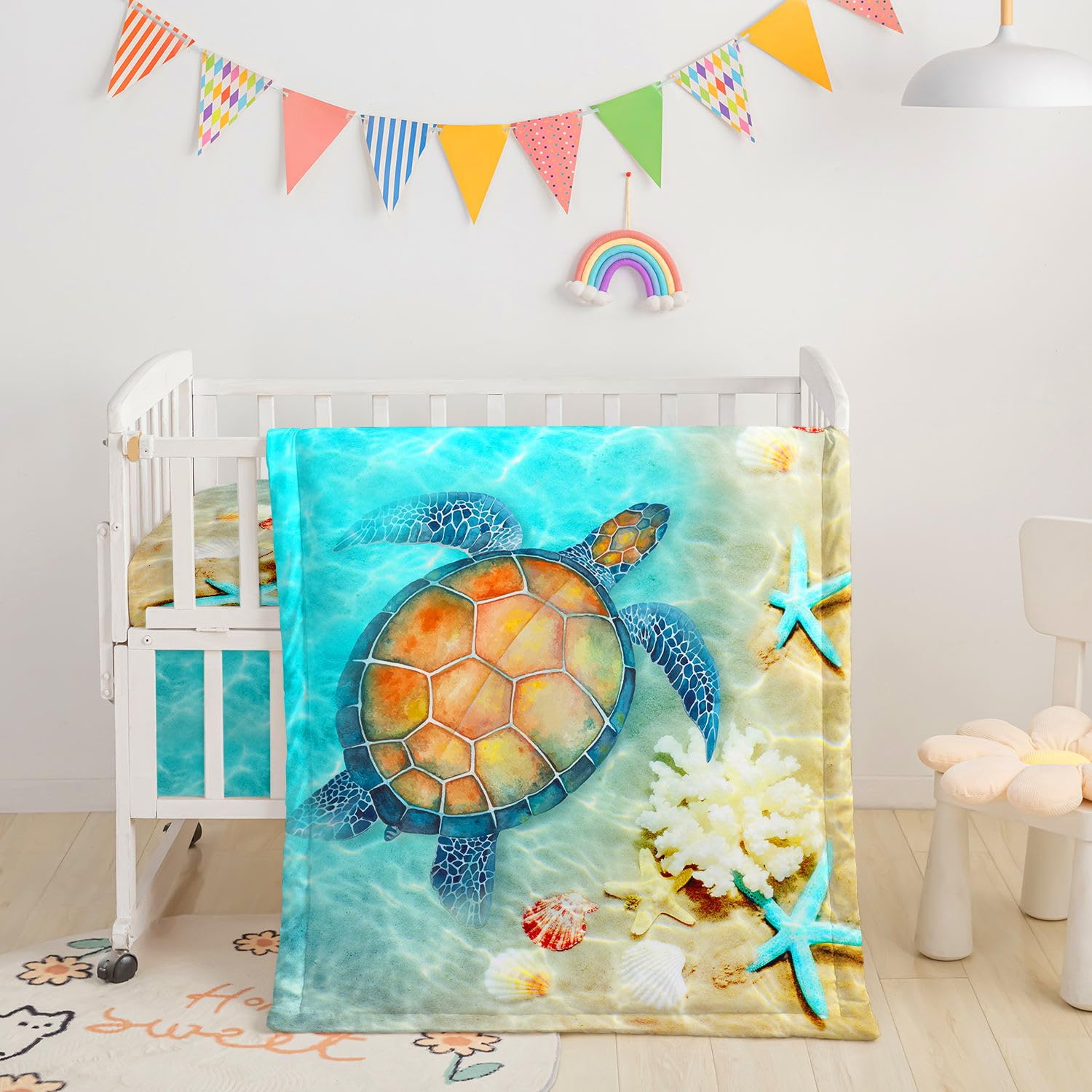 Datura home Crib Bedding Set,3pcs Nursery Crib Bedding with Comforter Crib Sheet & Crib Skirt,Sea Turtle Beach Printed Nursery Bedding for Baby Boys and Girls(Turtle)