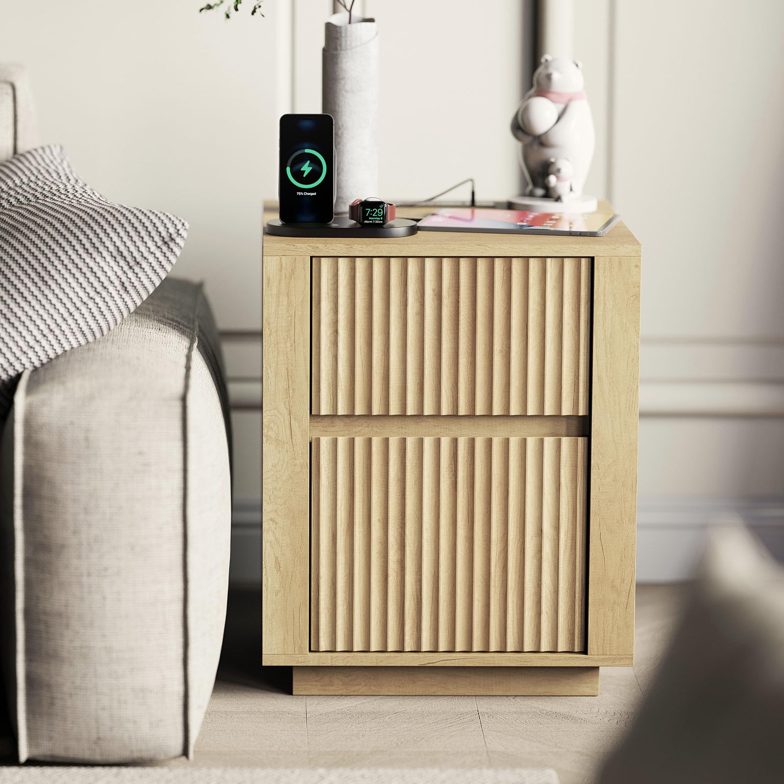 Modern Nightstand with USB Charging Ports, Wavy Bedside Table