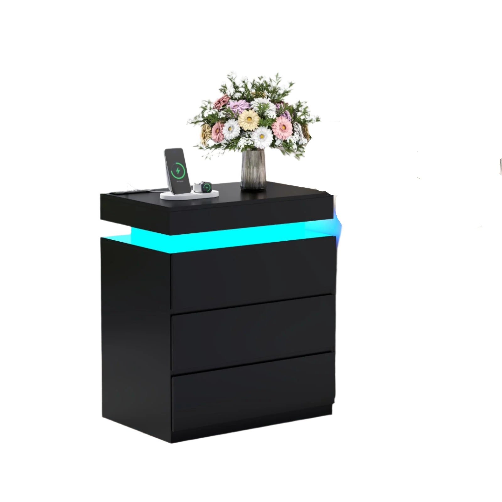 with Charging Station and LED Lights, Night Stand with 3 Large Drawers