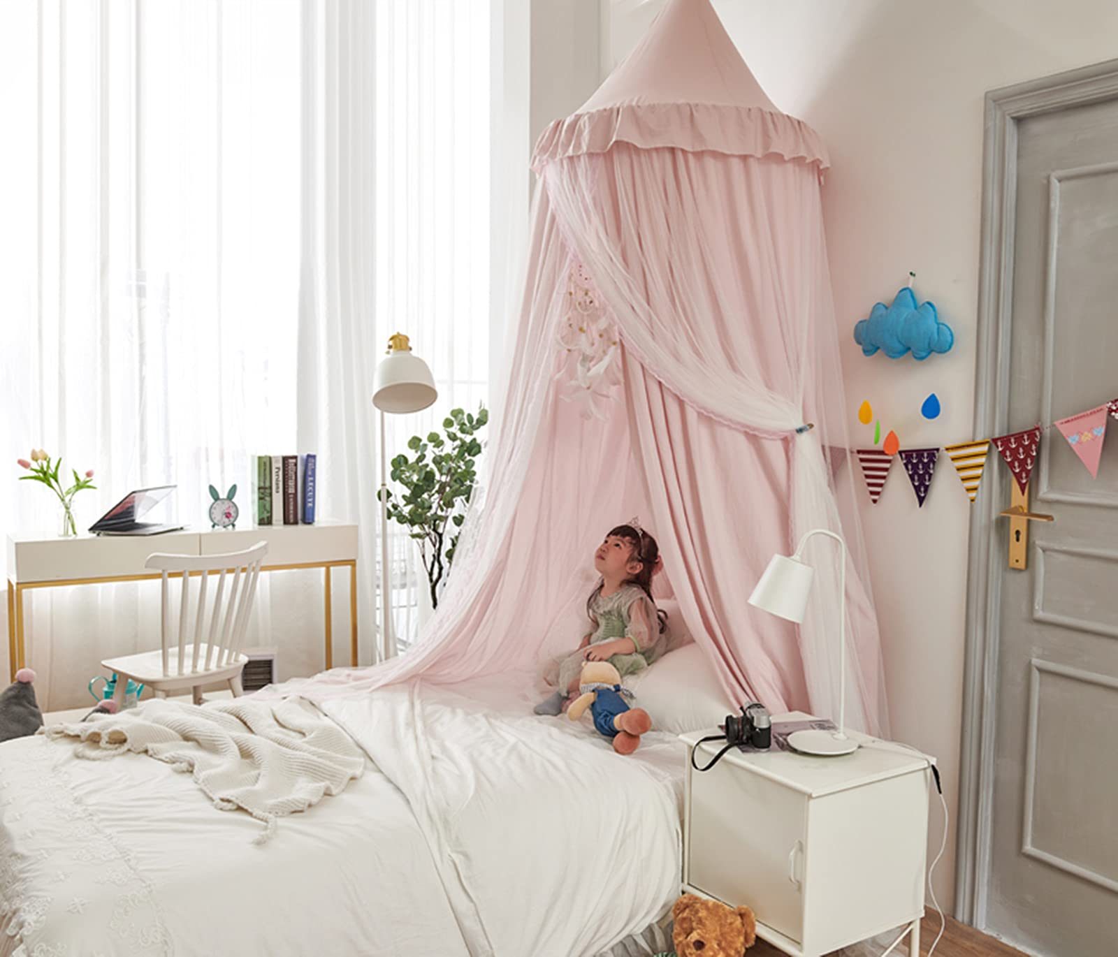 Bed Canopy for Kids with Lights,Double Layer Princess Round Dome Children Dreamy