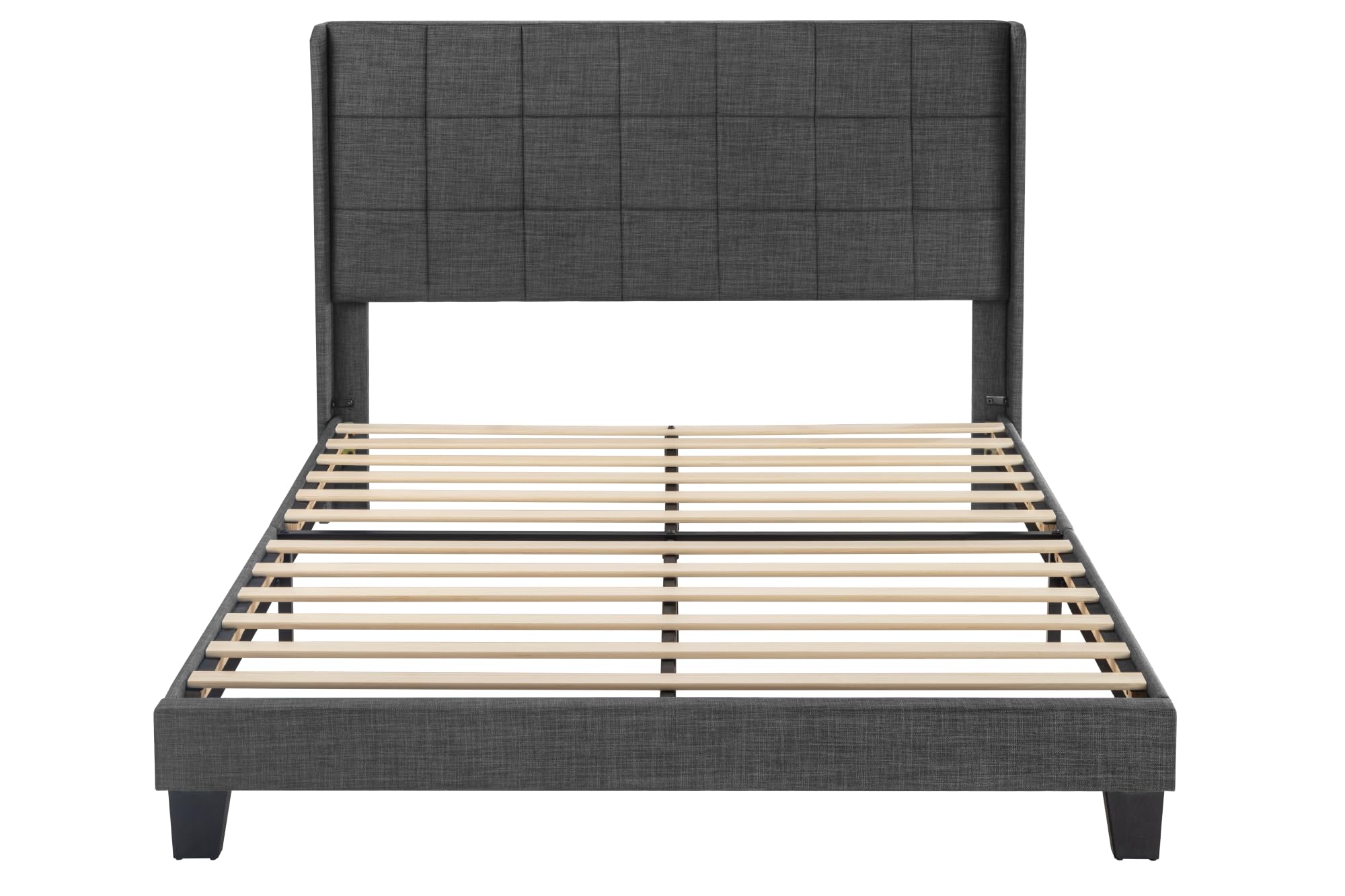 Queen Size Wingback Upholstered Platform Bed Frame, Box-Tufted Headboard