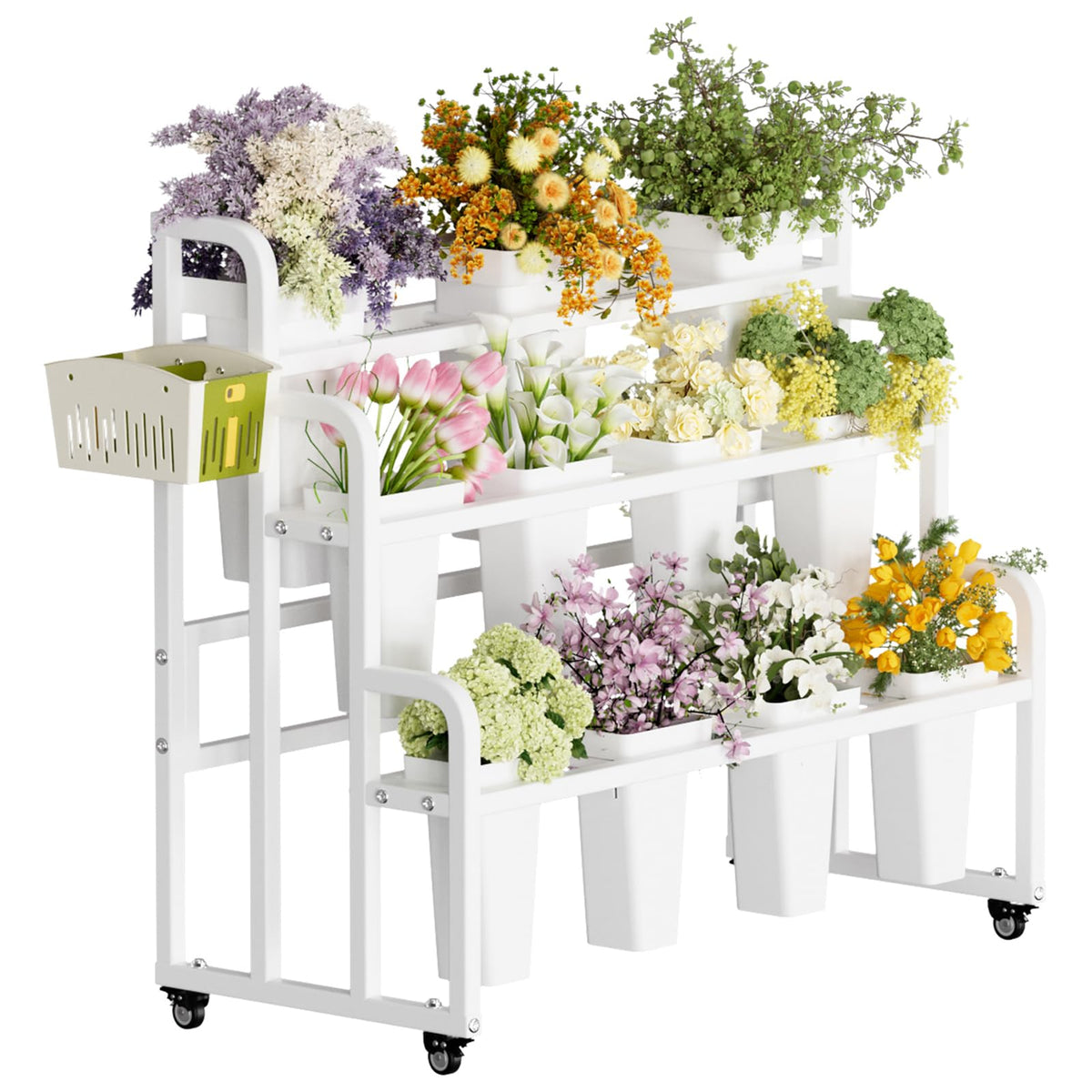 3-Tier Metal Flower Display Stand with Wheels & Buckets