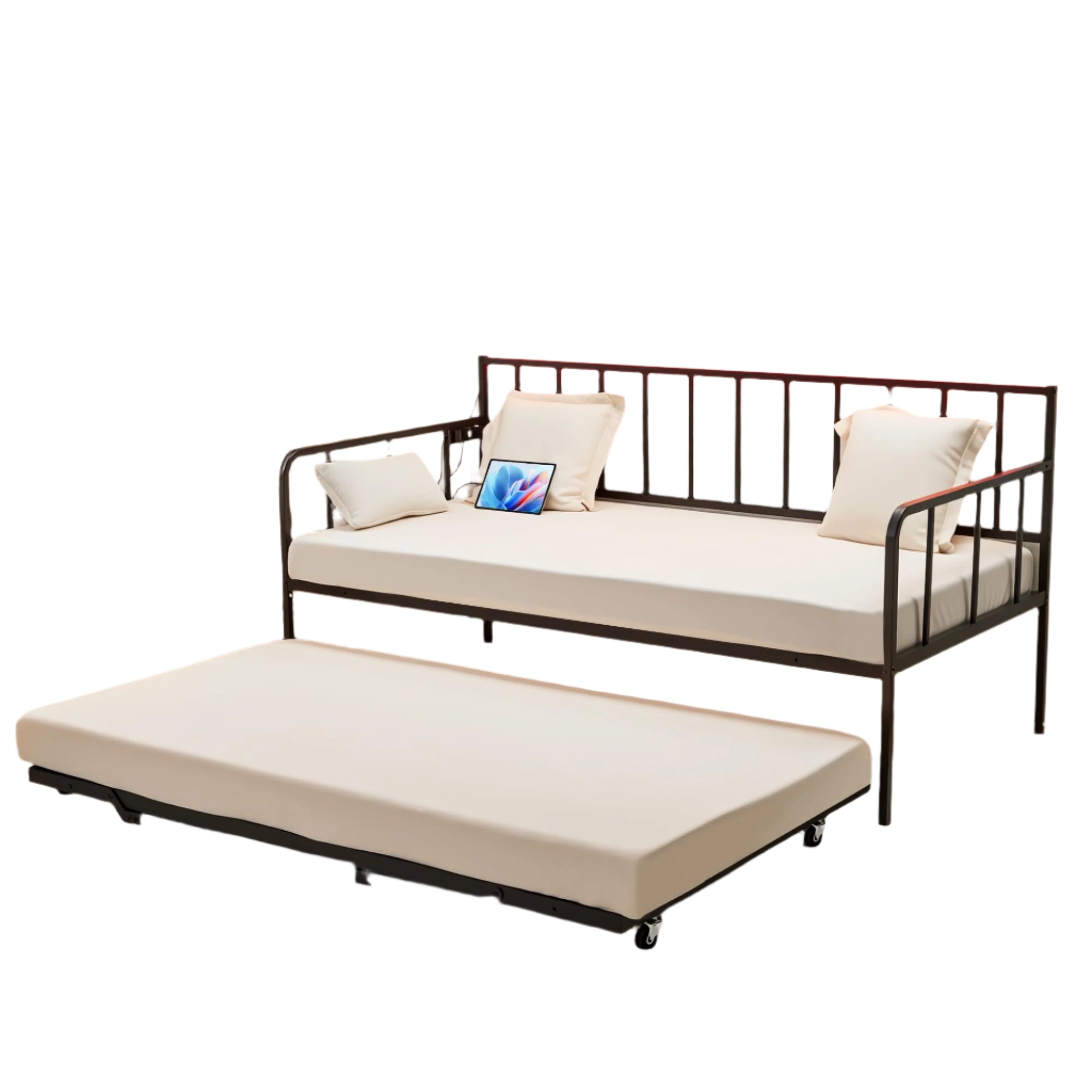 Daybed with Trundle Bed, Metal Bed Frame with Charging Station and LED Lights