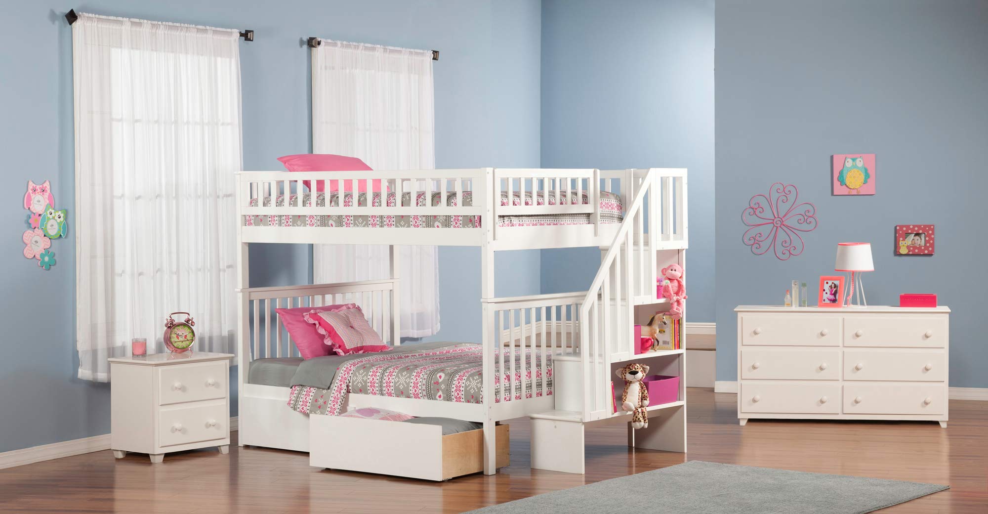 Staircase Bunk Bed Full Over Full with Bed Drawers and Attachable