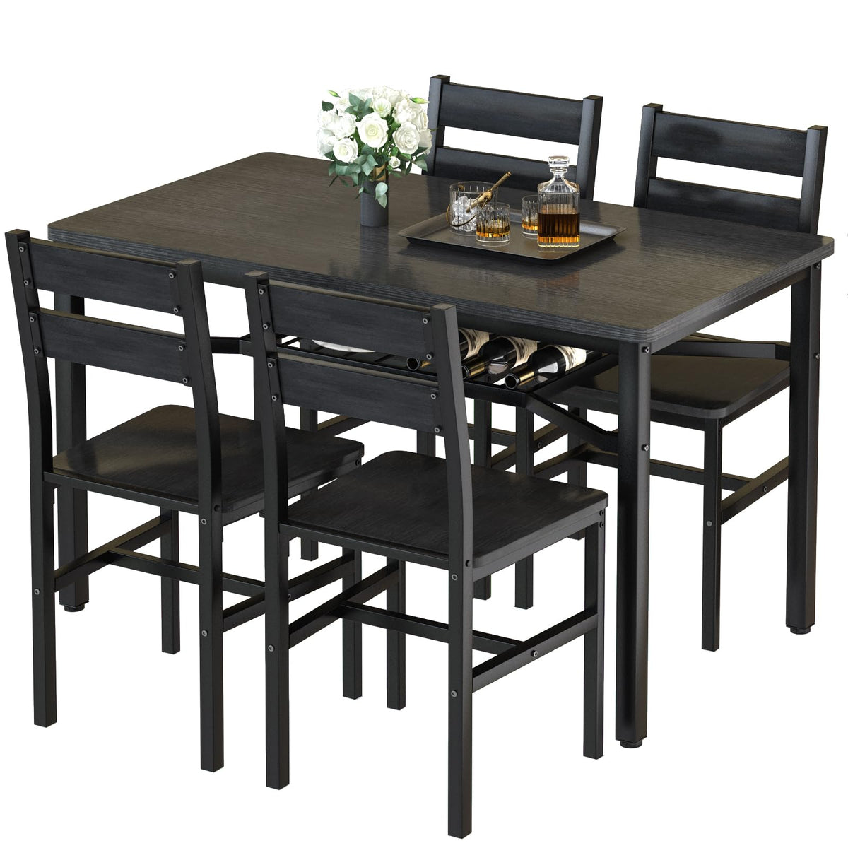 5-Piece Farmhouse Dining Table Set with Storage Shelf
