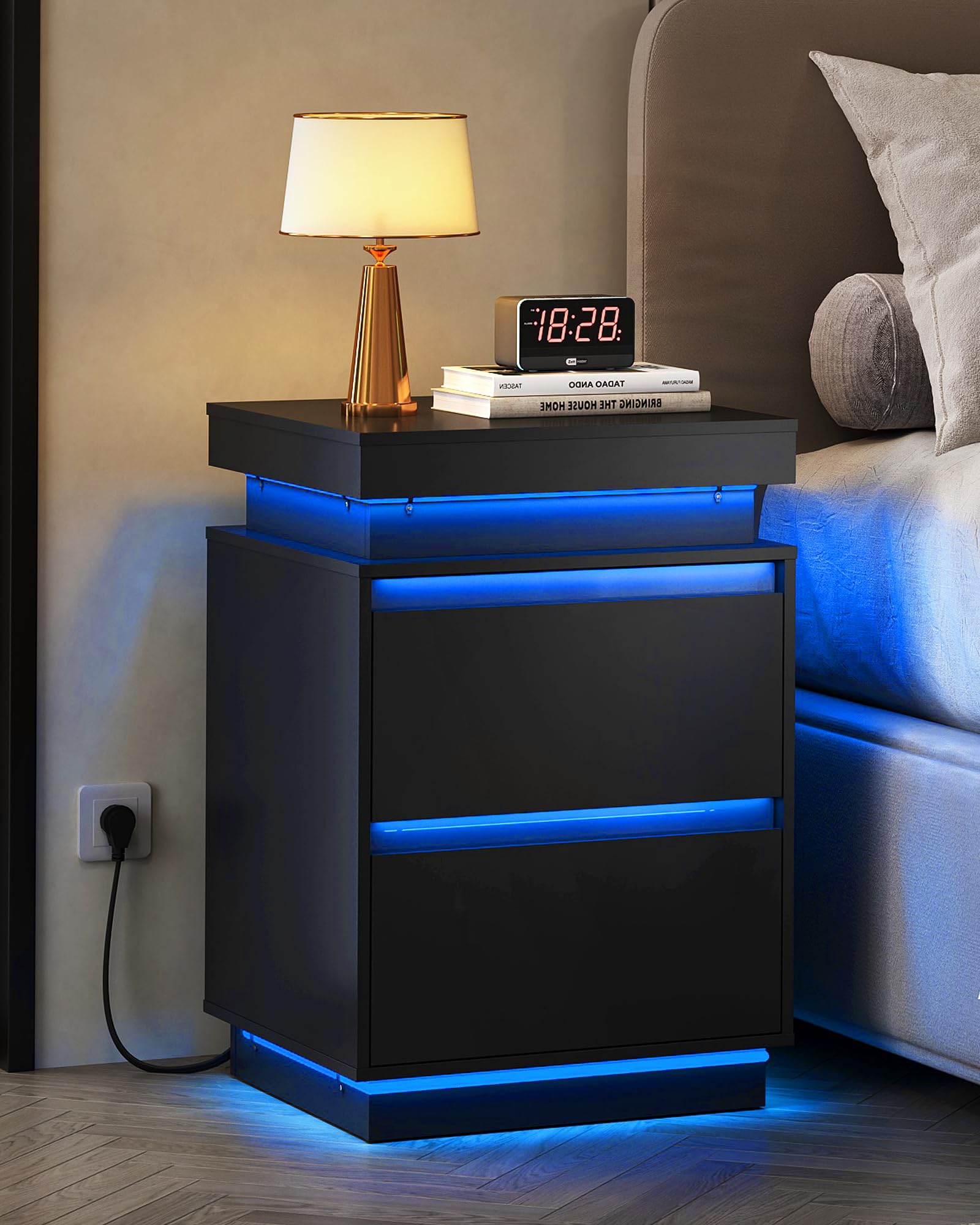 Black Nightstand with Charging Station and LED Lights