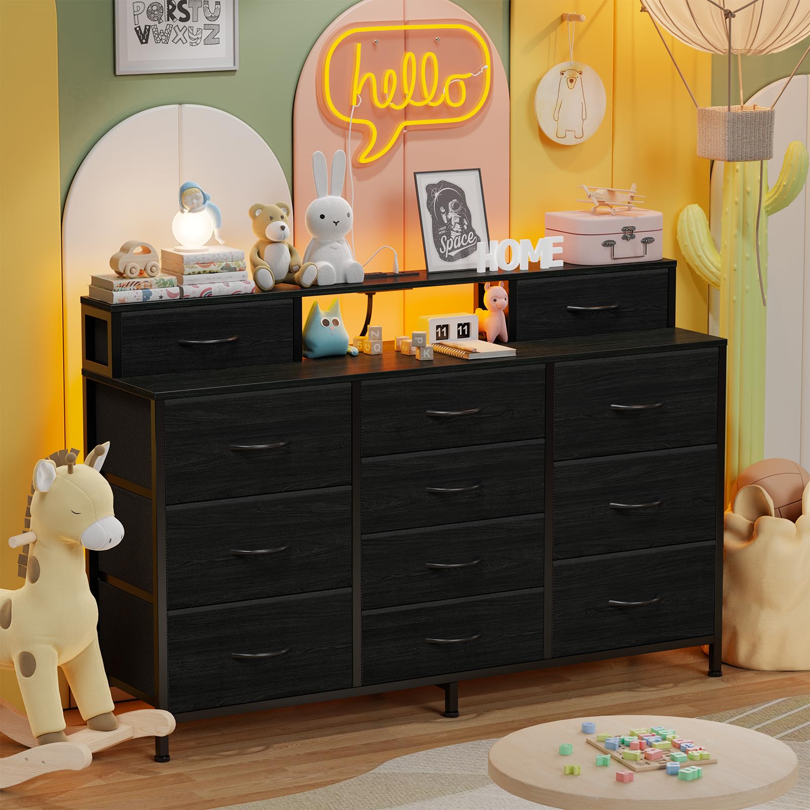 55" W Dresser for Bedroom with LED Lights and Power Outlets,Black Large 12 Storage