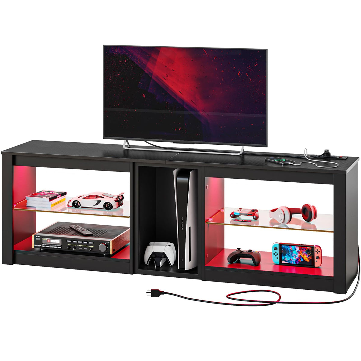 63-Inch Gaming TV Stand with Power Outlets, LED & Glass Shelves