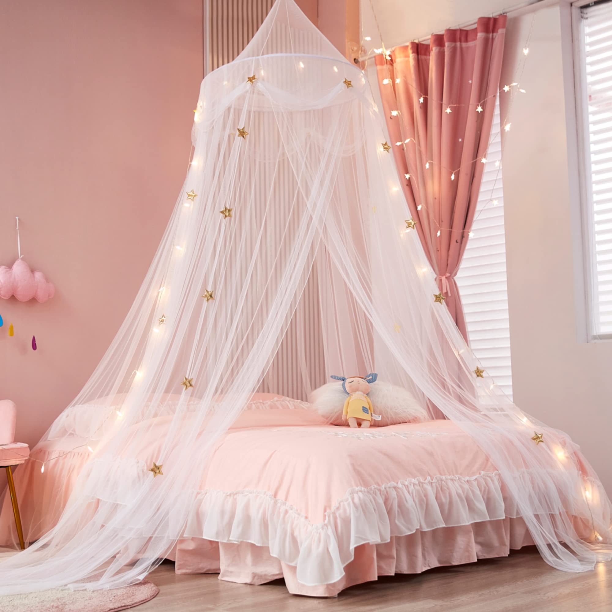 Bed Canopy with Lights for Girls,Gold Star Princess Crib Canopy Curtains