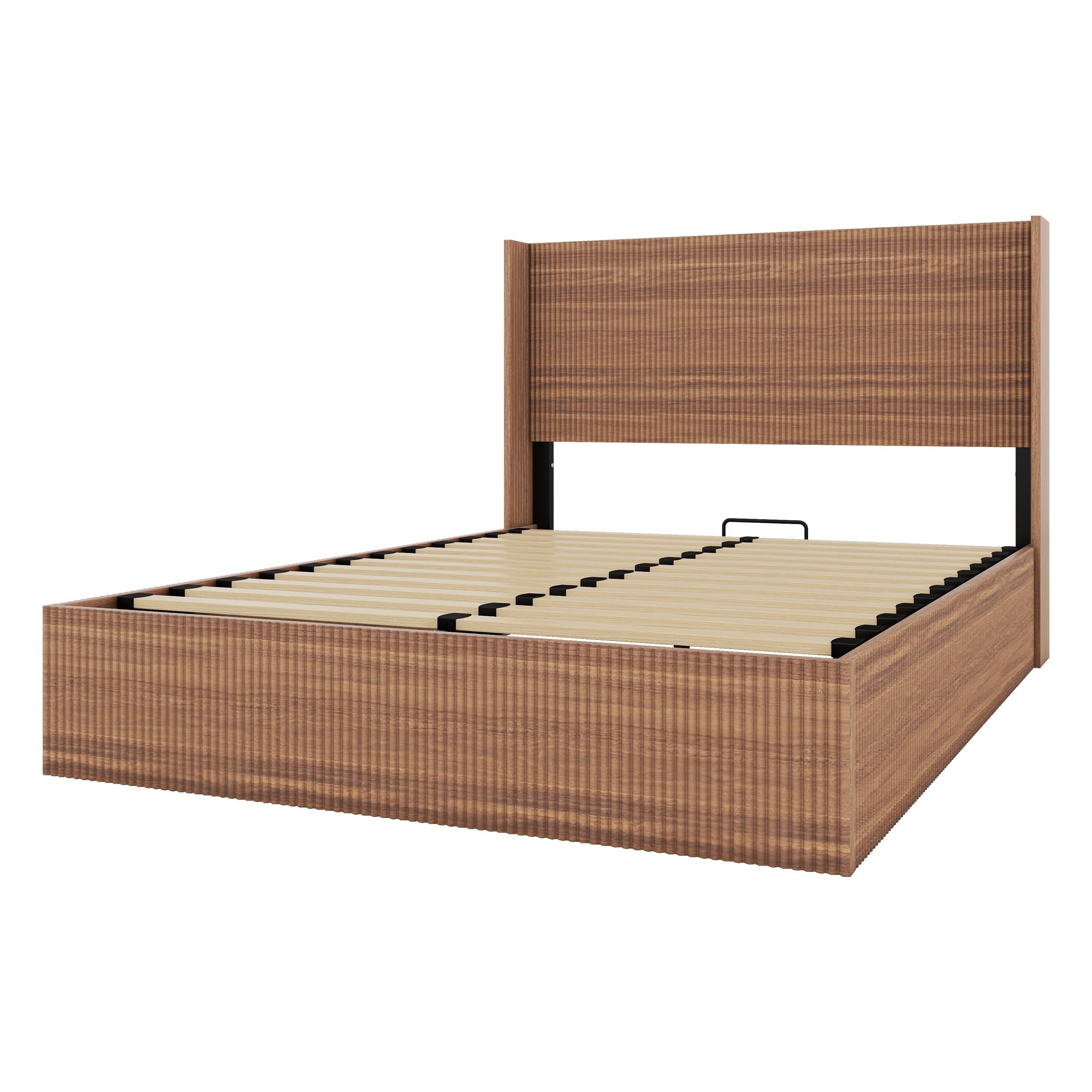 Lift Up Storage Bed Queen Size, Queen Bed Frame with Headboard and Lift Storage System, Wood Headboard with Wing-Back and Convex Groove Board Design