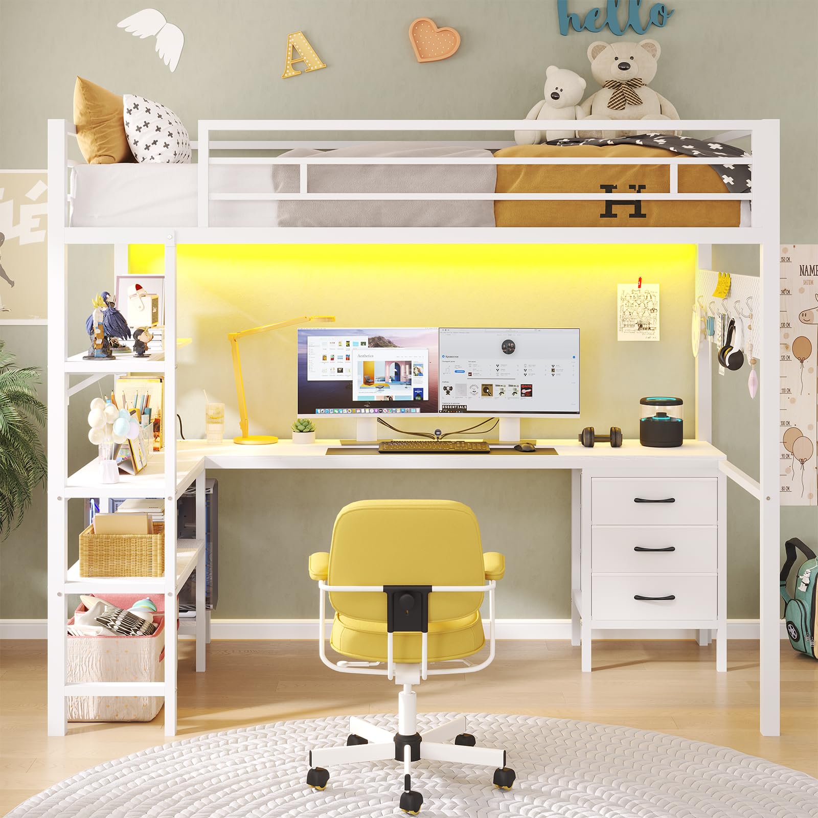 Loft Bed Twin Size with L-Shaped Desk, LED Lights,Charging Station,