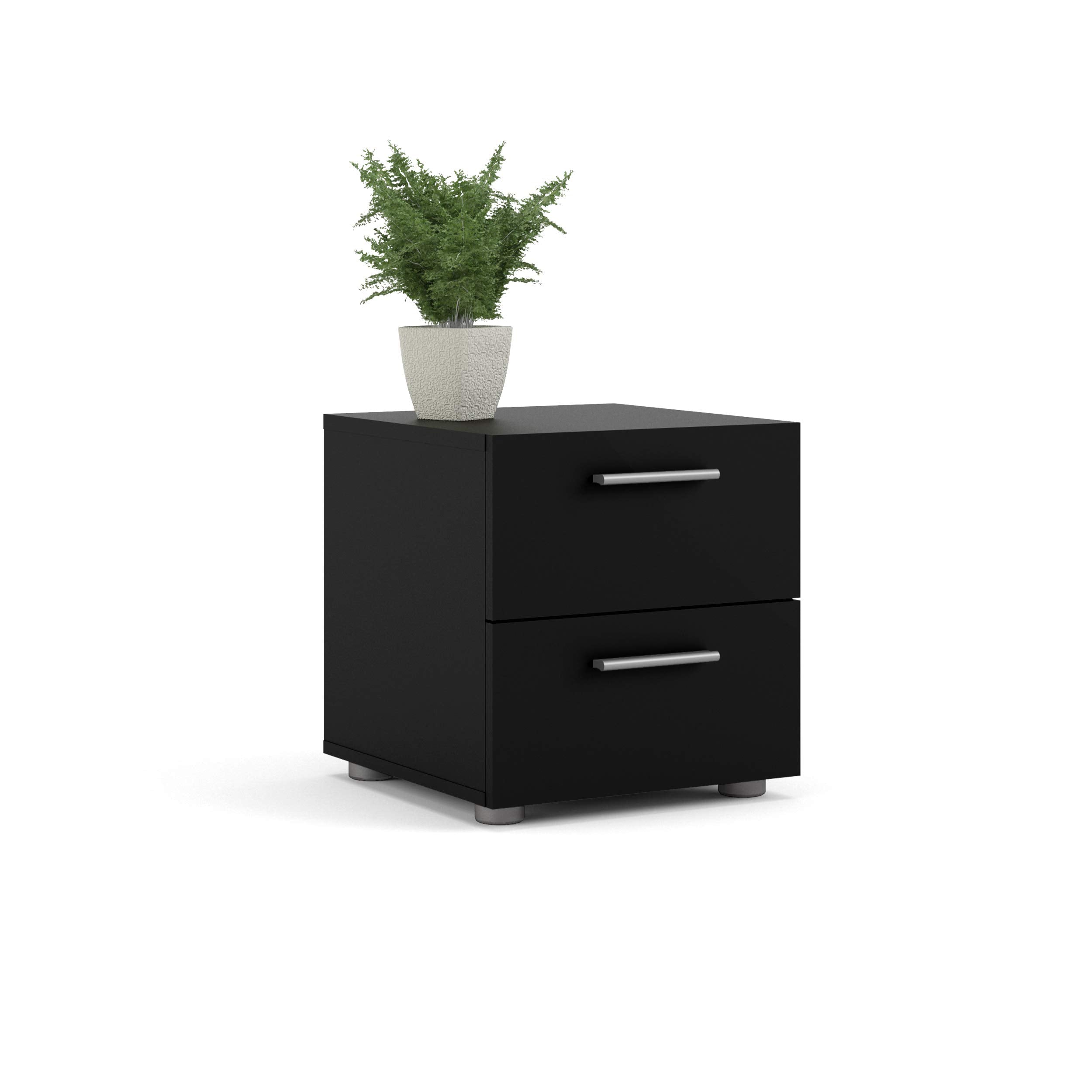 2 Drawer Nightstand for Bedroom, Modern Silver Drawer Handles, Contemporary, Black