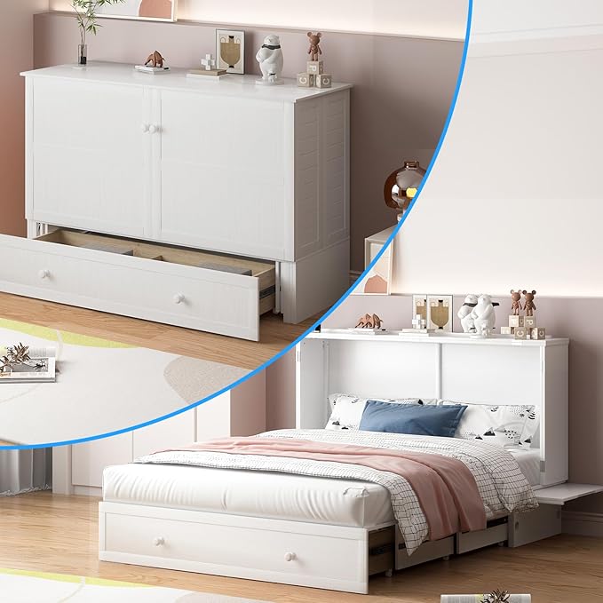 Murphy Bed Cabinet with Foldable Mattress, Queen Size Murphy