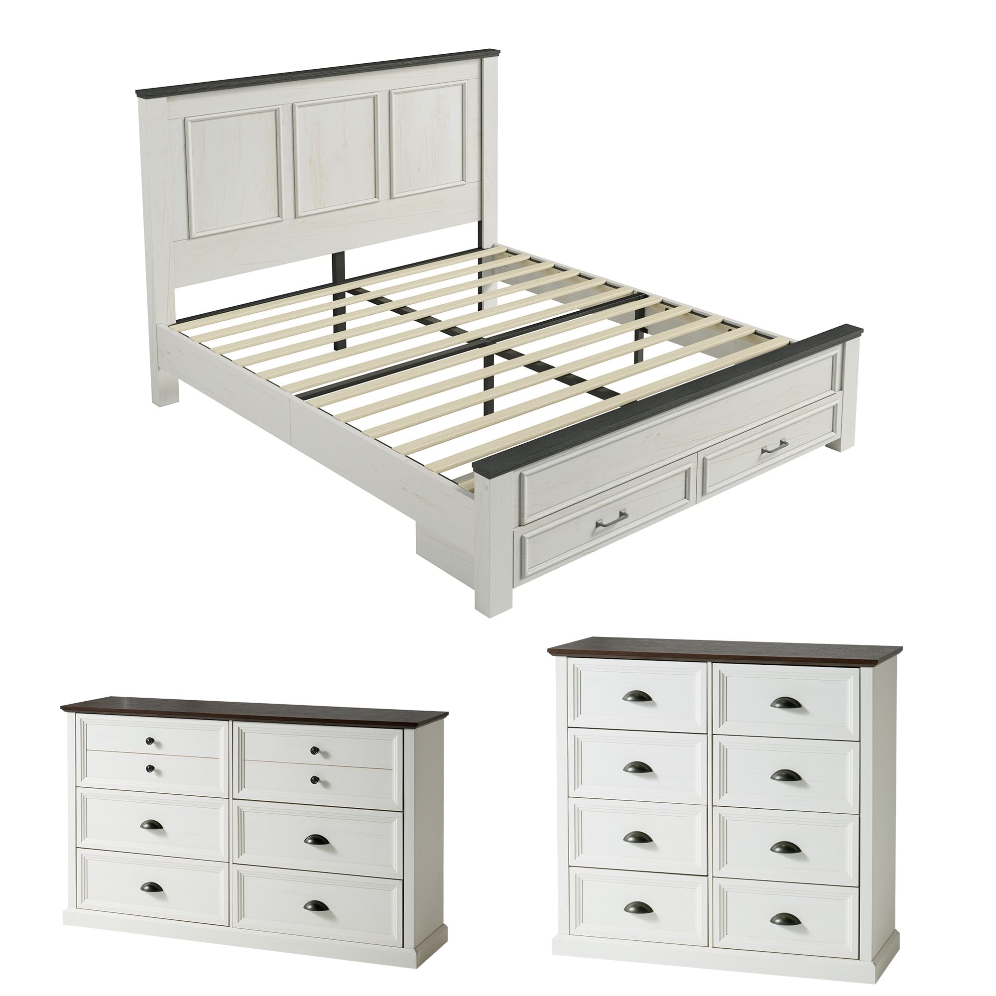 3-Piece Farmhouse Bedroom Set, Includes Queen Size Wood Platform Bed Frame