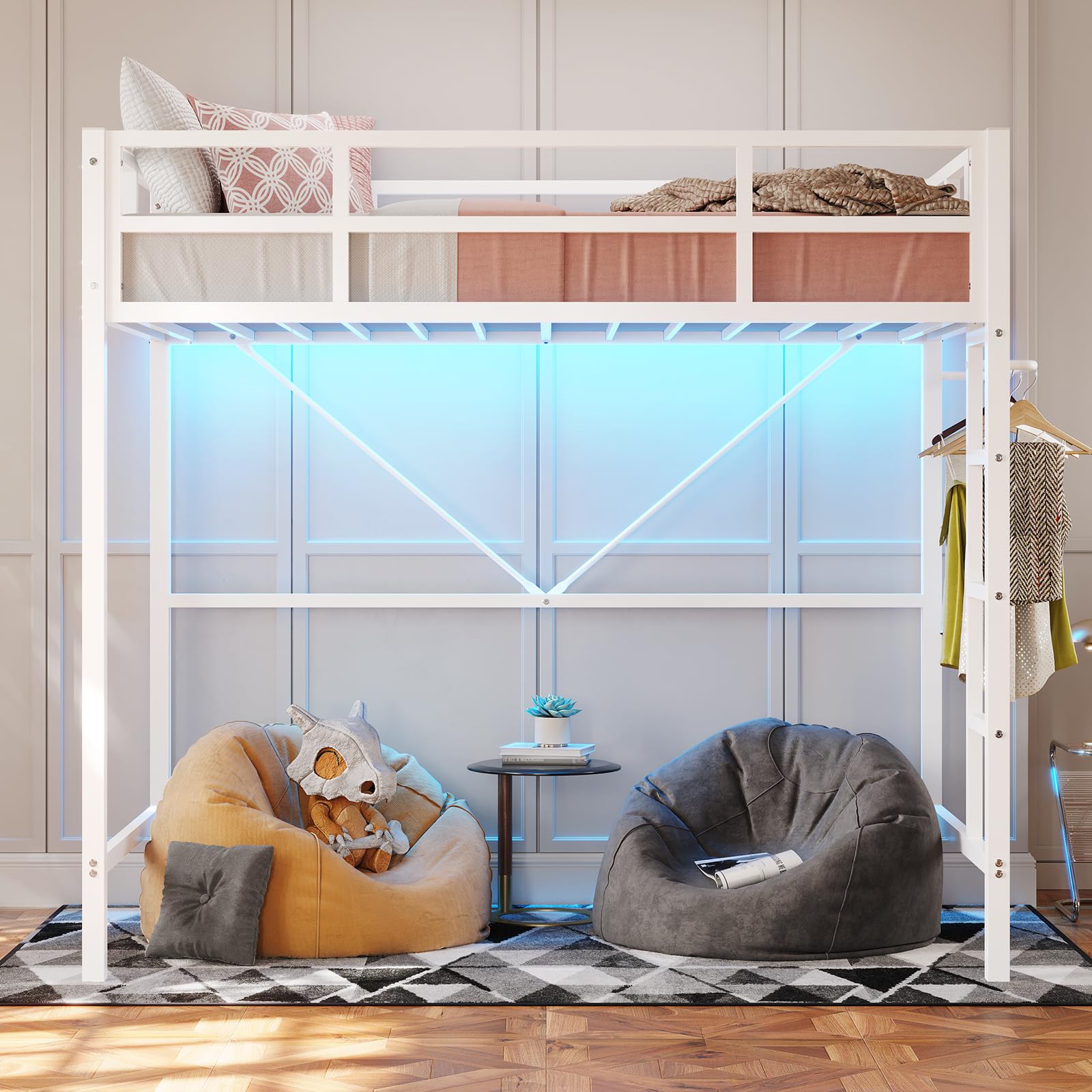 oft Bed Twin Size with Ladder and Guardrail,Metal Twin Loft Bed with Led Lights