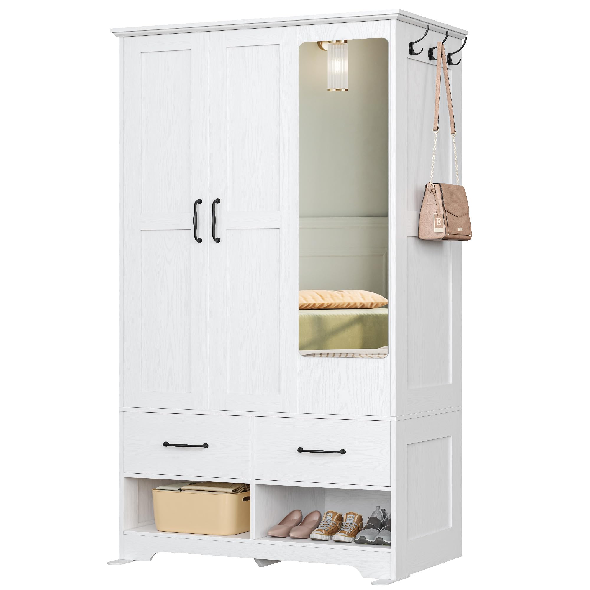 3 Doors Armoire Wardrobe Closet with Mirror, 2 Shoe Racks, 70" H Wooden