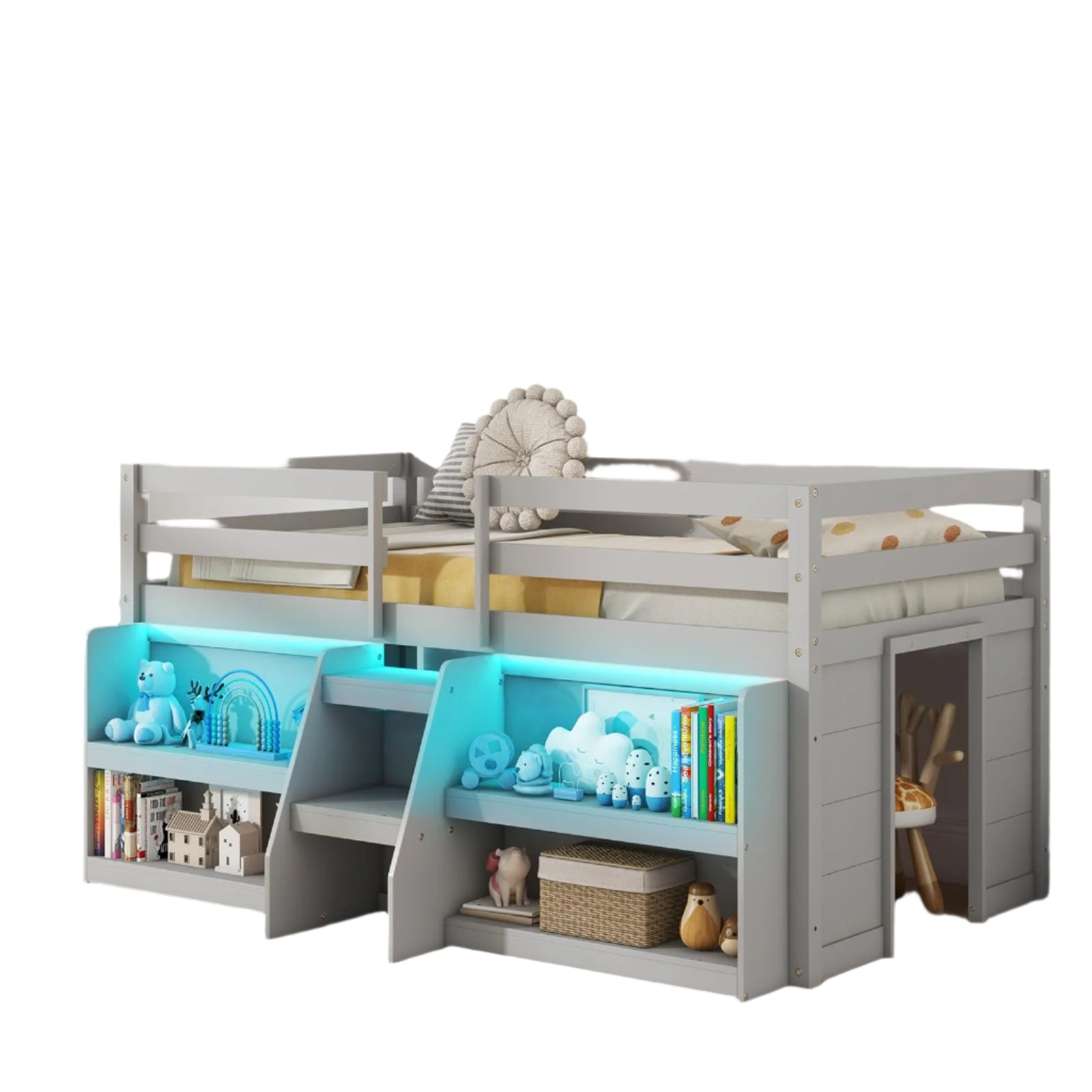 Low Loft Bed with LED Lights, Wooden Loft Bed Twin Size with Stairs & Safety Guardrail