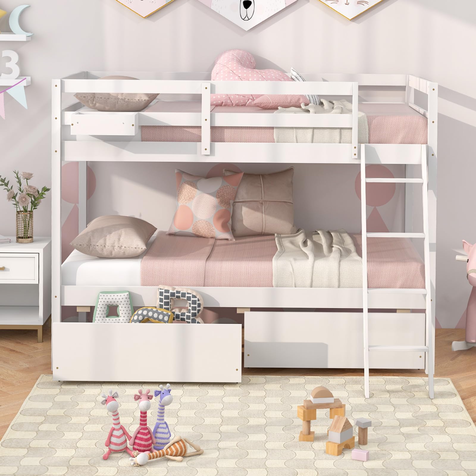 Bed Twin Over Twin with 2 Storage Drawers, Solid Wood Bed Frame