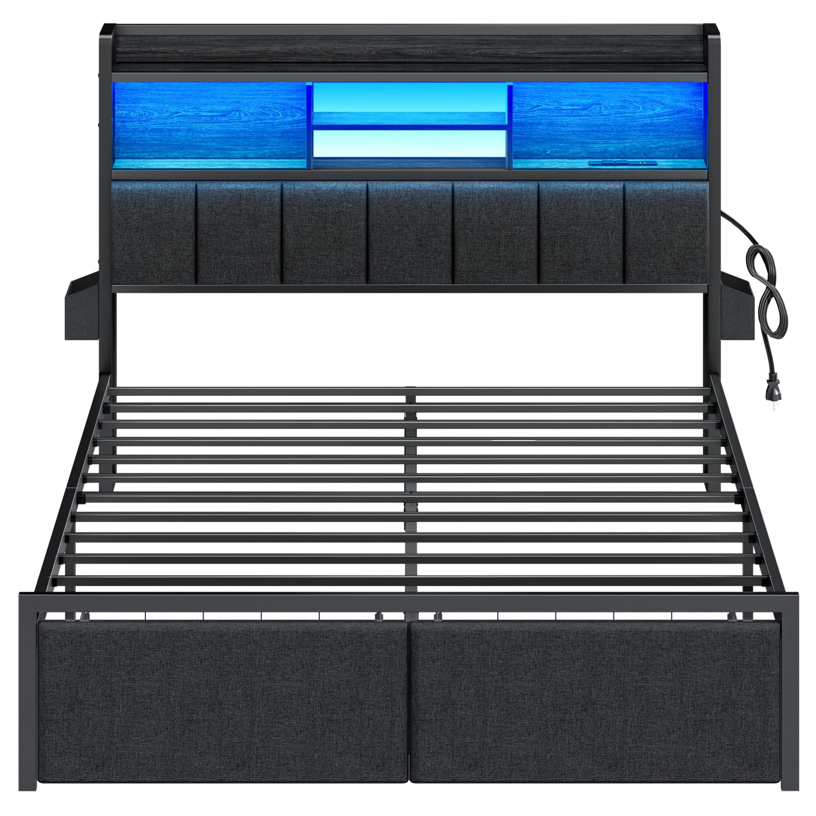 Queen Bed Frame with Storage Drawers, Upholstered Headboard with Storage Shelf
