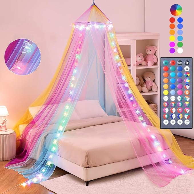 Lovelite Rainbow Bed Canopy for Girls, Canopy Bed Curtain with Warm White Star String Lights for Girls Bedroom, Dome Princess Canopy for Twin to King Size Kids Bed Decor