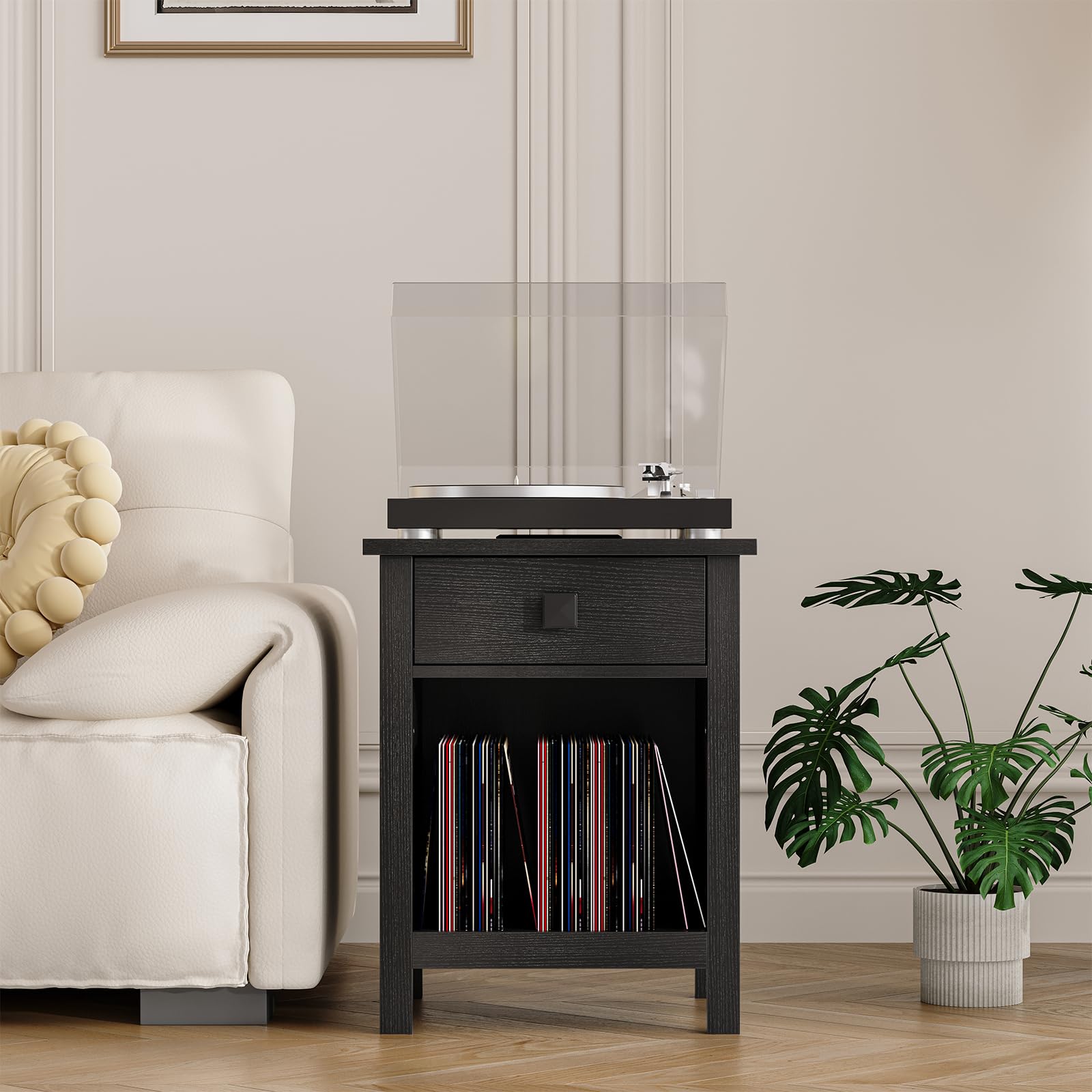Nightstand with Charging Station and LED Lights, End Table with Wooden Drawers