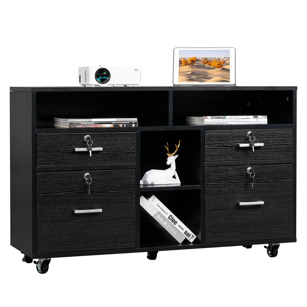 Mobile File Cabinet with 4 Drawers, Shelves & Printer Stand