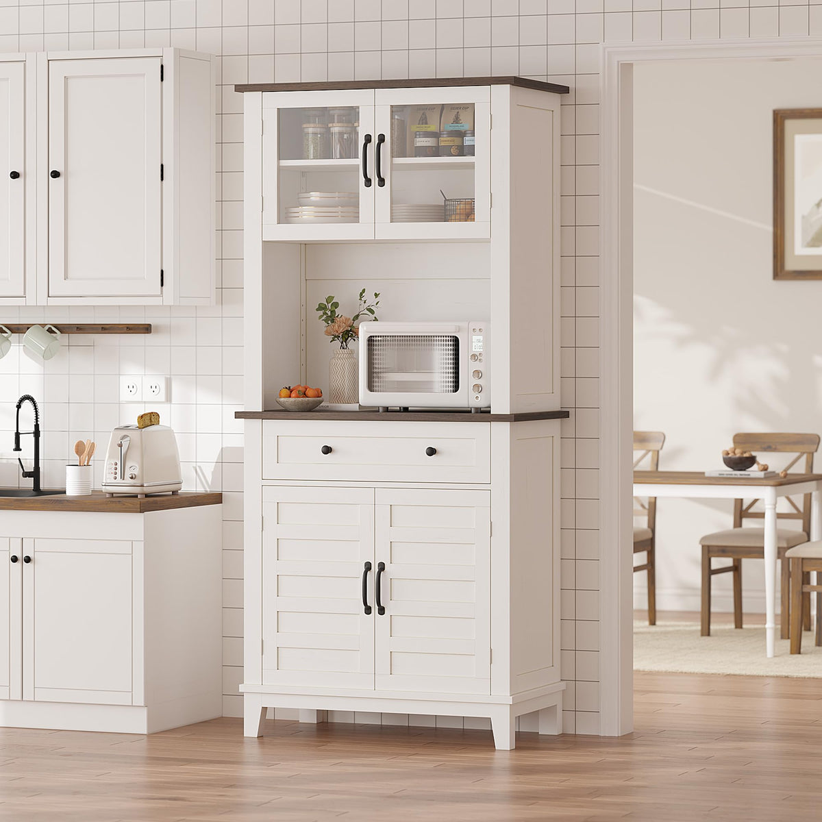 72" Farmhouse Kitchen Pantry Cabinet with Hutch & Glass Doors