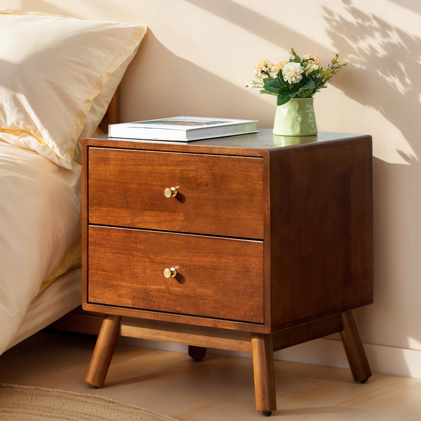 Solid Wood Nightstand with Charging Station and Drawer