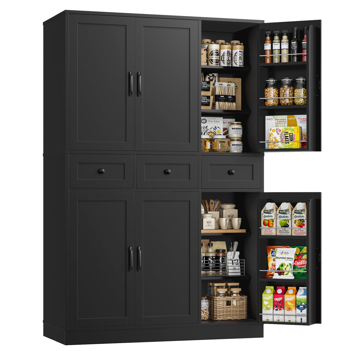 71" Tall Kitchen Pantry Cabinet with Swing-Out Door Racks & Drawers